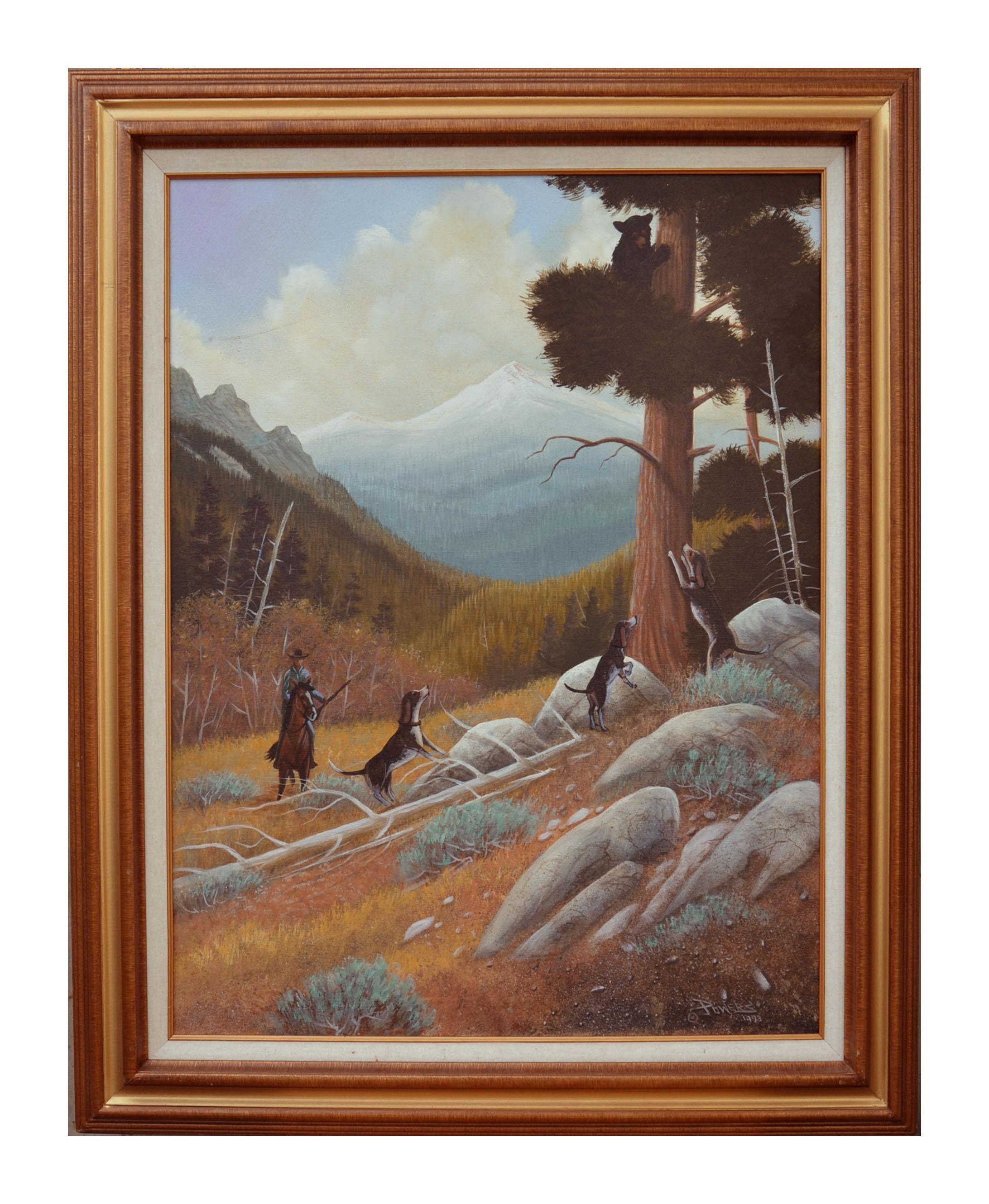 Kim L Powers Figurative Painting - Treeing Walker Coonhounds and Bear - Figurative Landscape 
