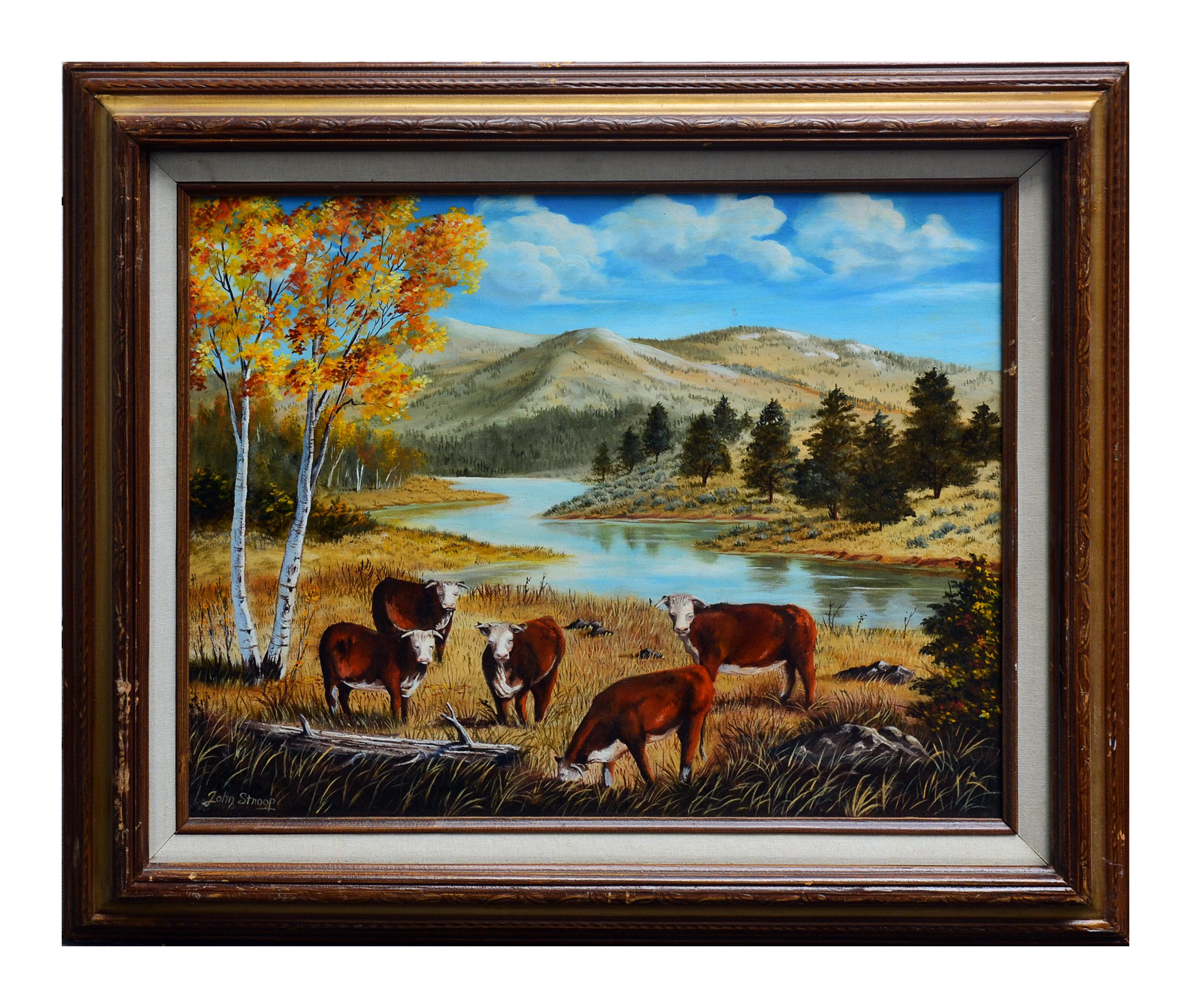 John Stroop Landscape Painting - Mid Century Cows in Autumn Bucolic Landscape