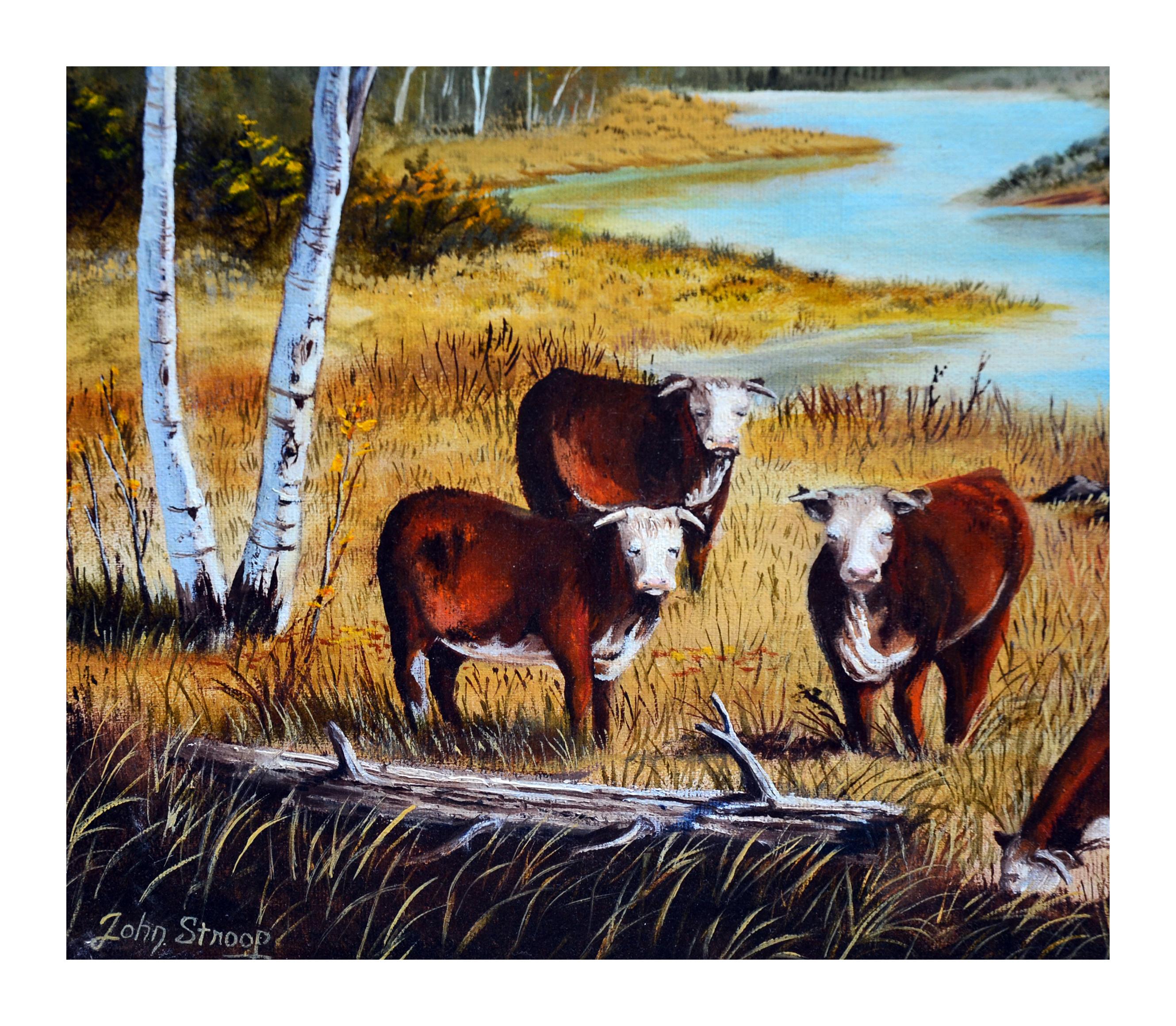 Mid Century Cows in Autumn Bucolic Landscape - Painting by John Stroop