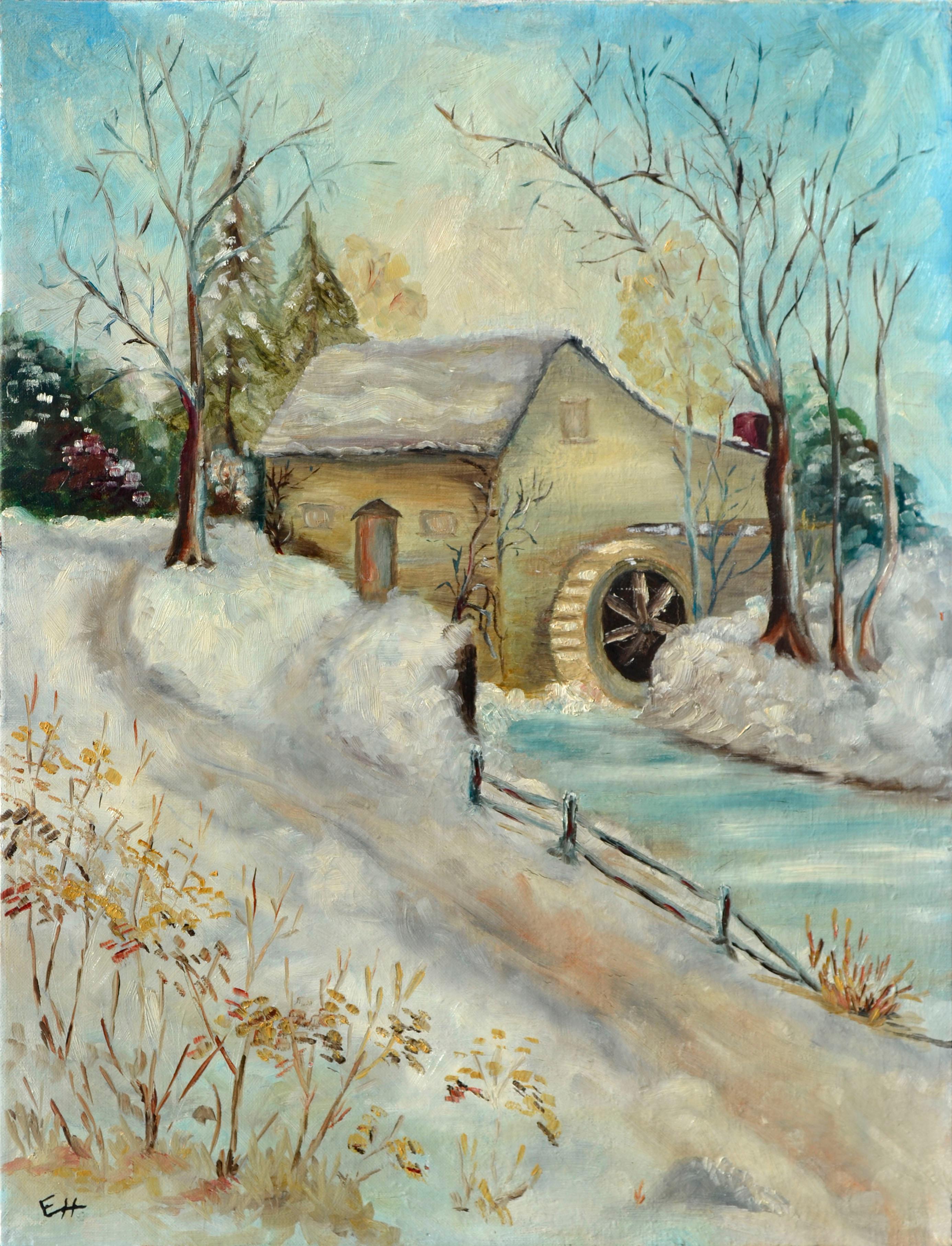 E. Harrison Landscape Painting - Snow Scene with Old Mill - Early 20th Century Winter Landscape