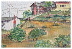 Mid Century Coastal Town Landscape Watercolor