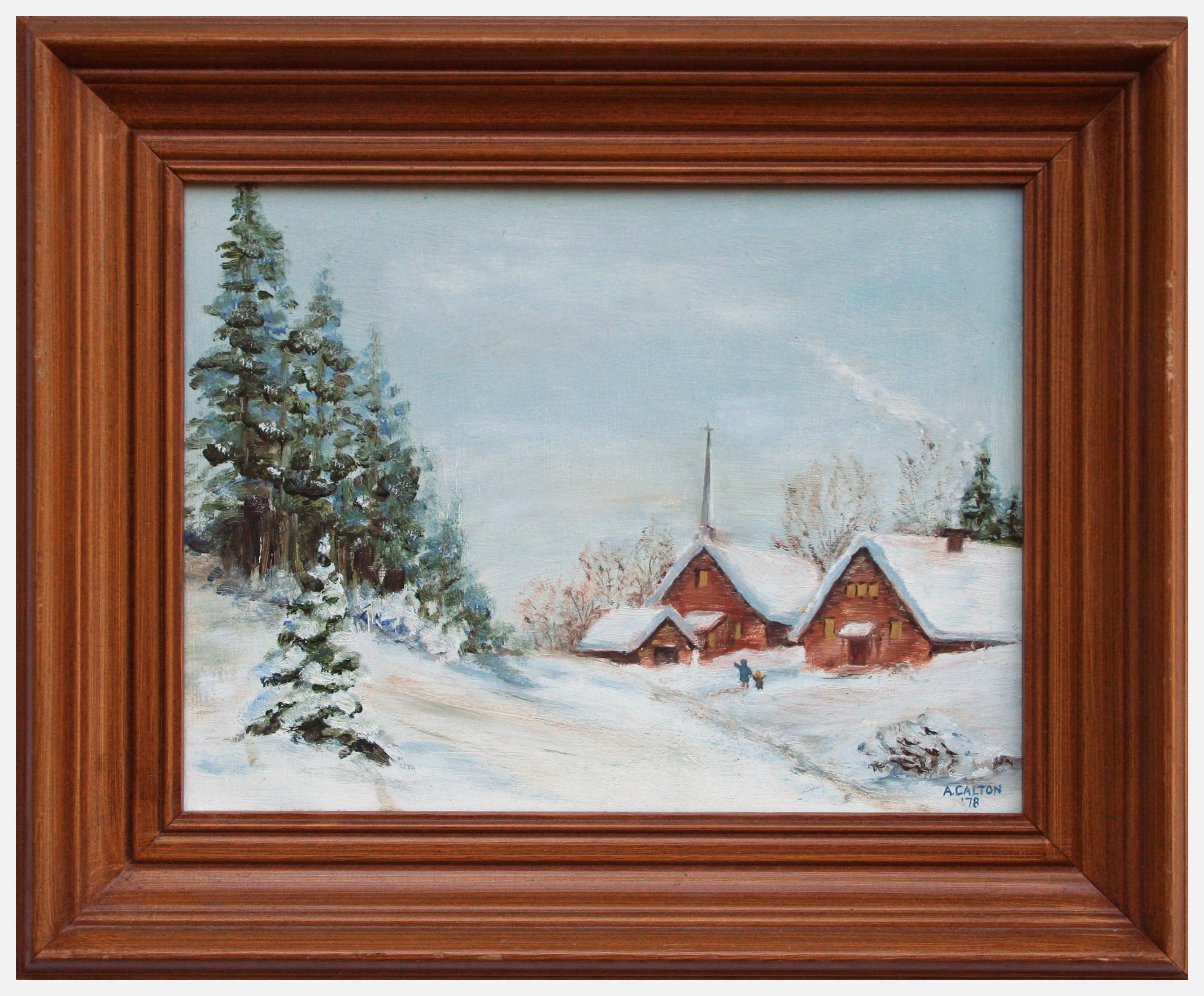 S. Carlton Landscape Painting - Vintage Winter Landscape -- Snowy Mountain Chapel