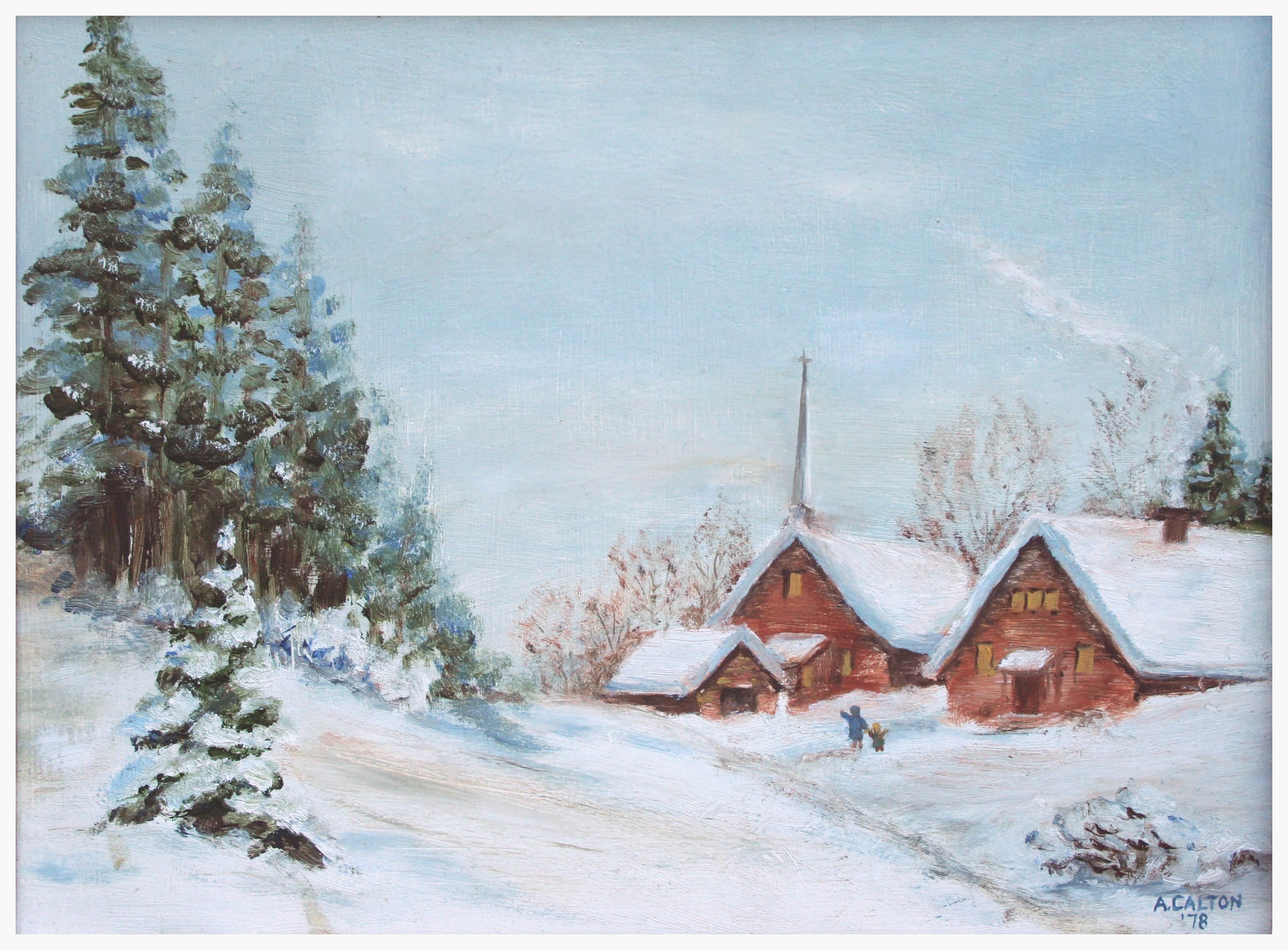 Vintage Winter Landscape -- Snowy Mountain Chapel - Painting by S. Carlton
