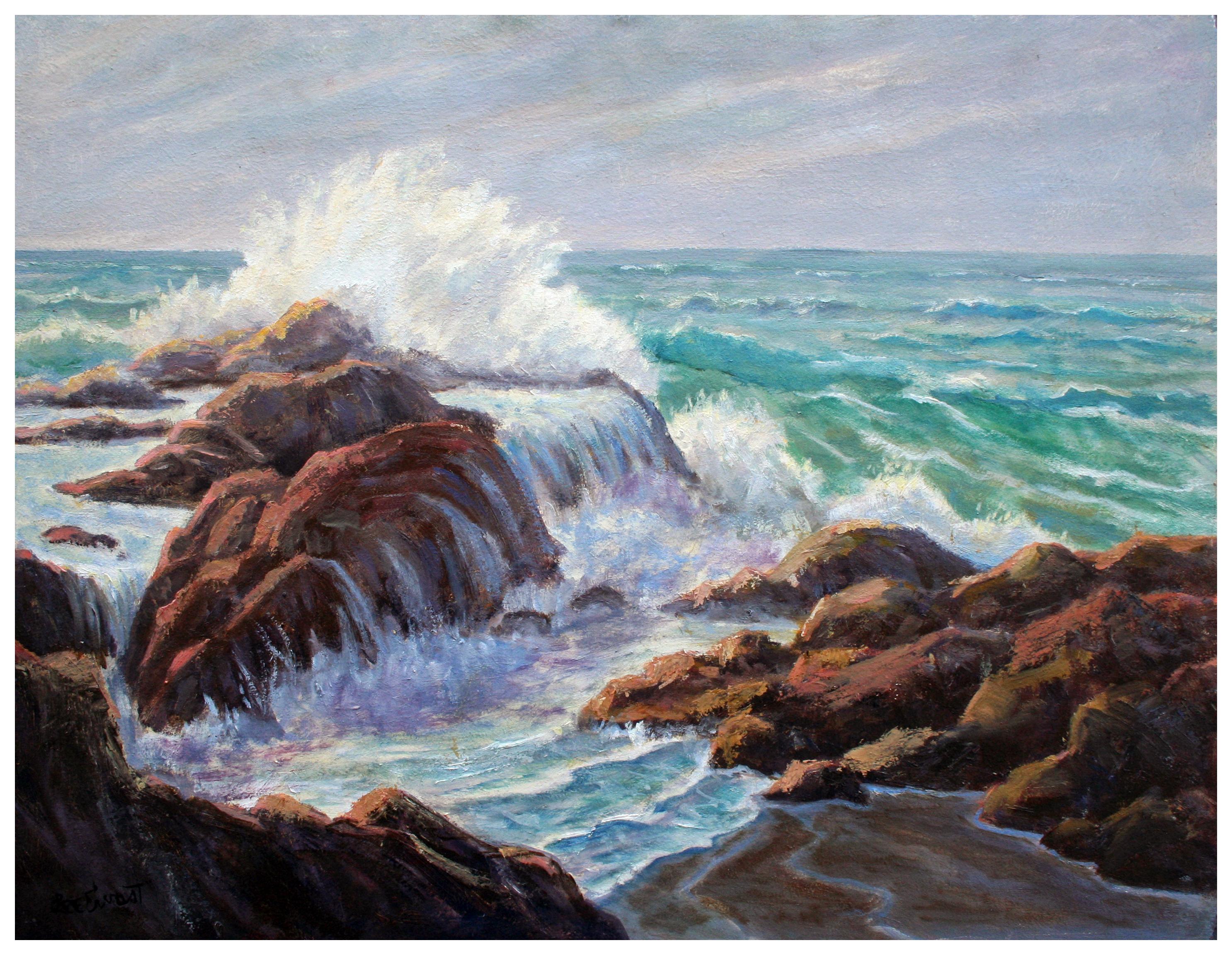 Lee Ervast Landscape Painting - Crashing Waves - Mid Century California Seascape