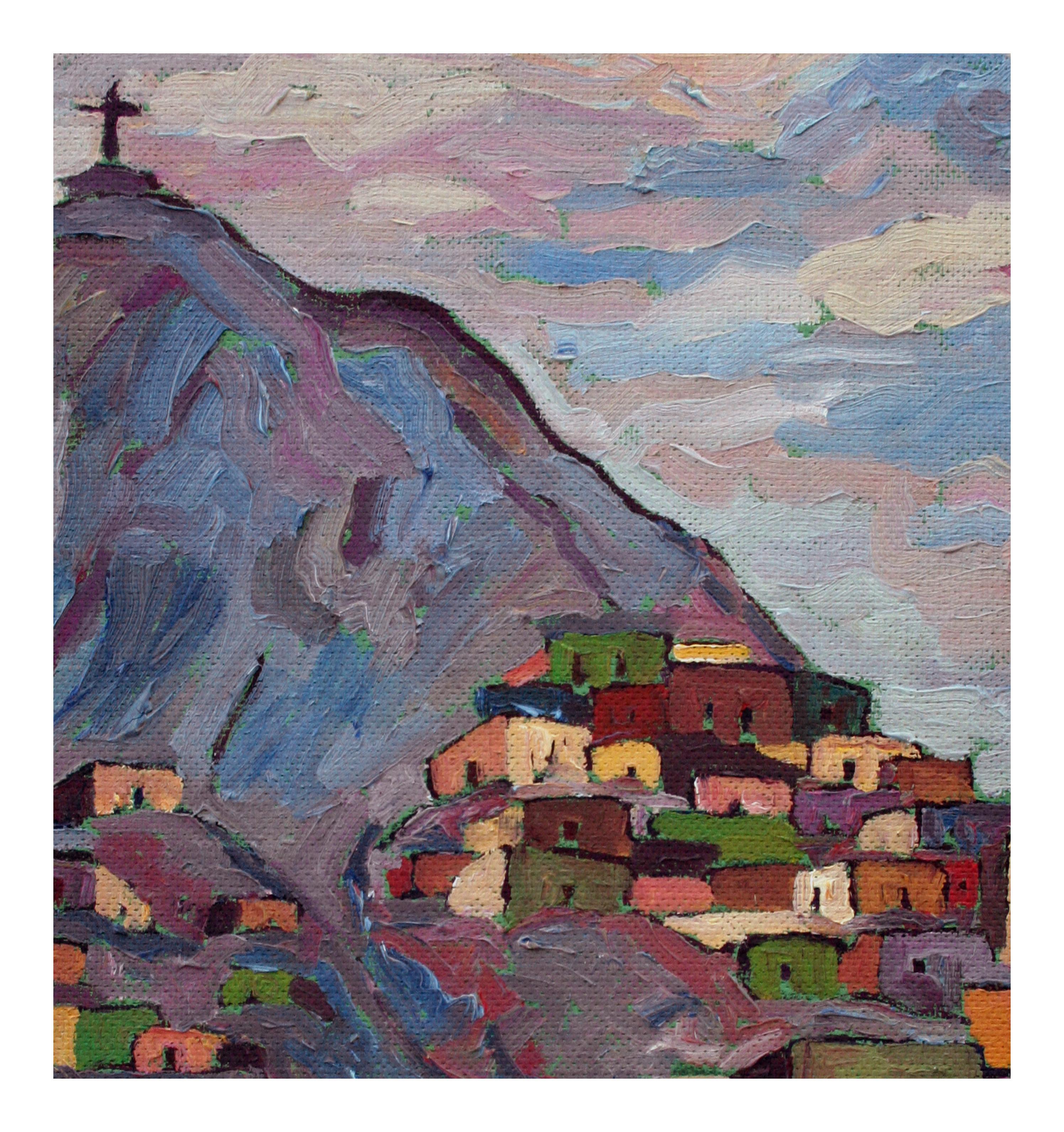 Vintage Peruvian Landscape of Mountain Village  - Painting by Oscar Corcuera