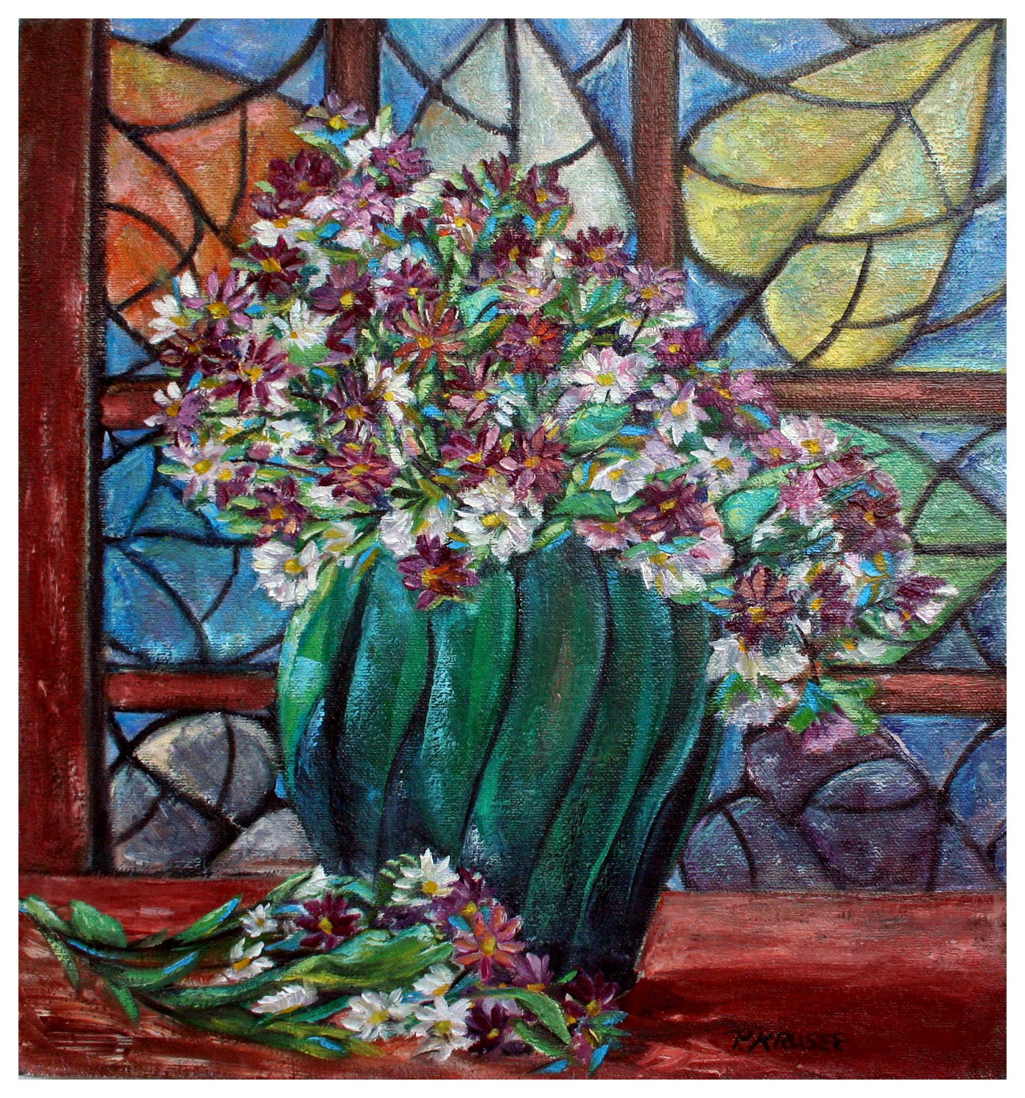 Peggy Krusee Interior Painting - Arts & Crafts Style Floral Still Life wit Stained Glass Window