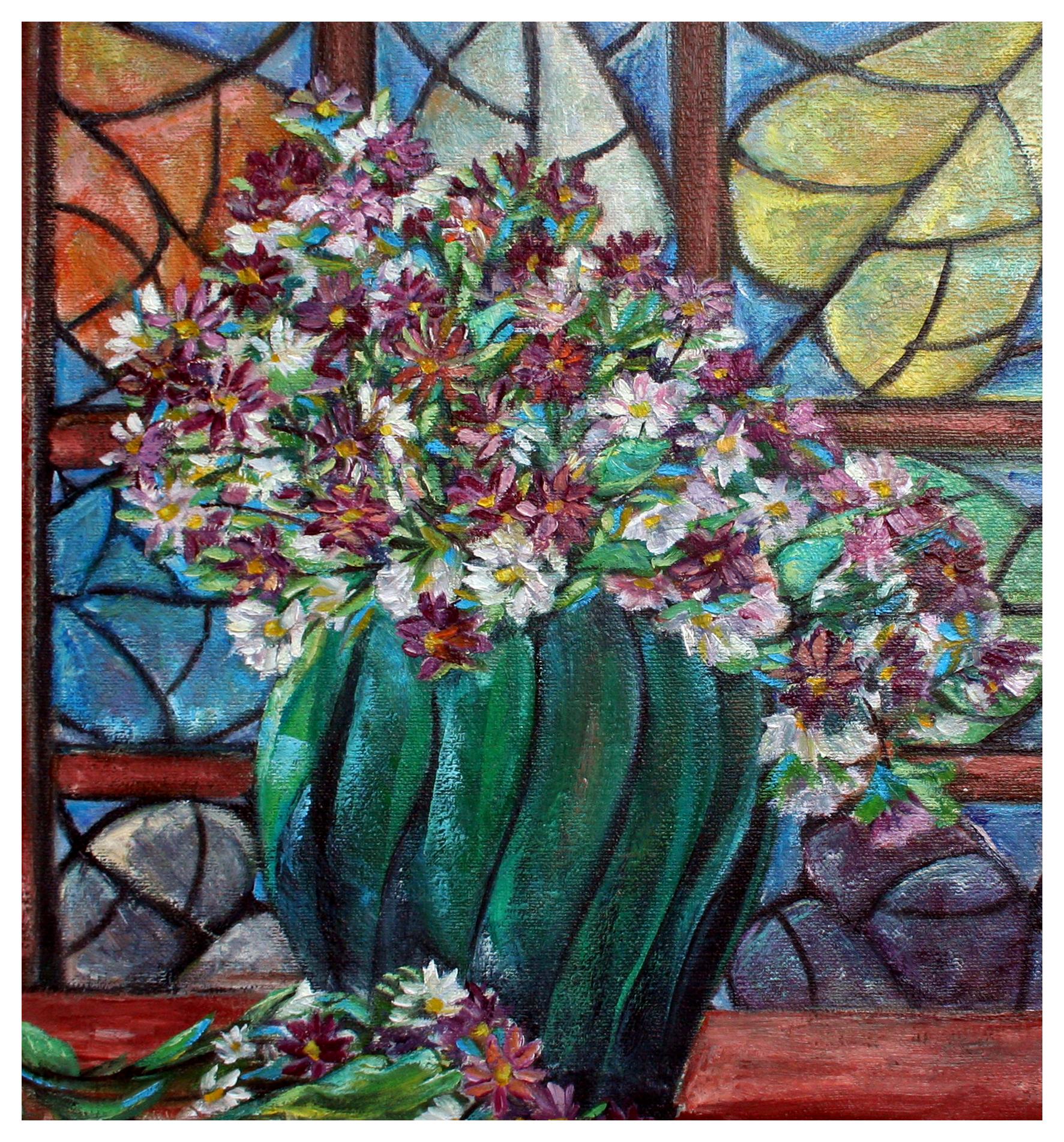 Arts & Crafts Style Floral Still Life wit Stained Glass Window - Painting by Peggy Krusee