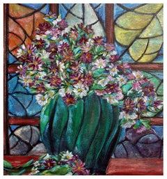 Arts & Crafts Style Floral Still Life wit Stained Glass Window