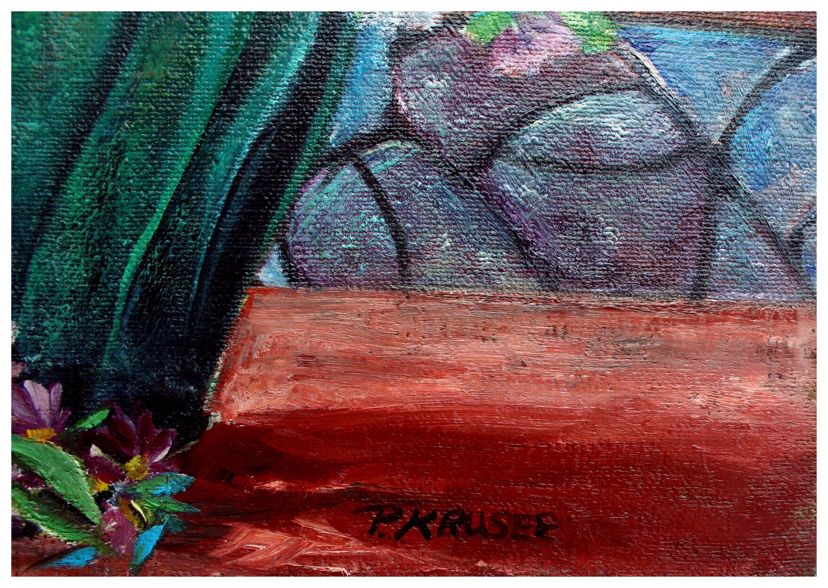 Nature morte florale avec vitrail de style Arts & Crafts - Noir Interior Painting par Peggy Krusee