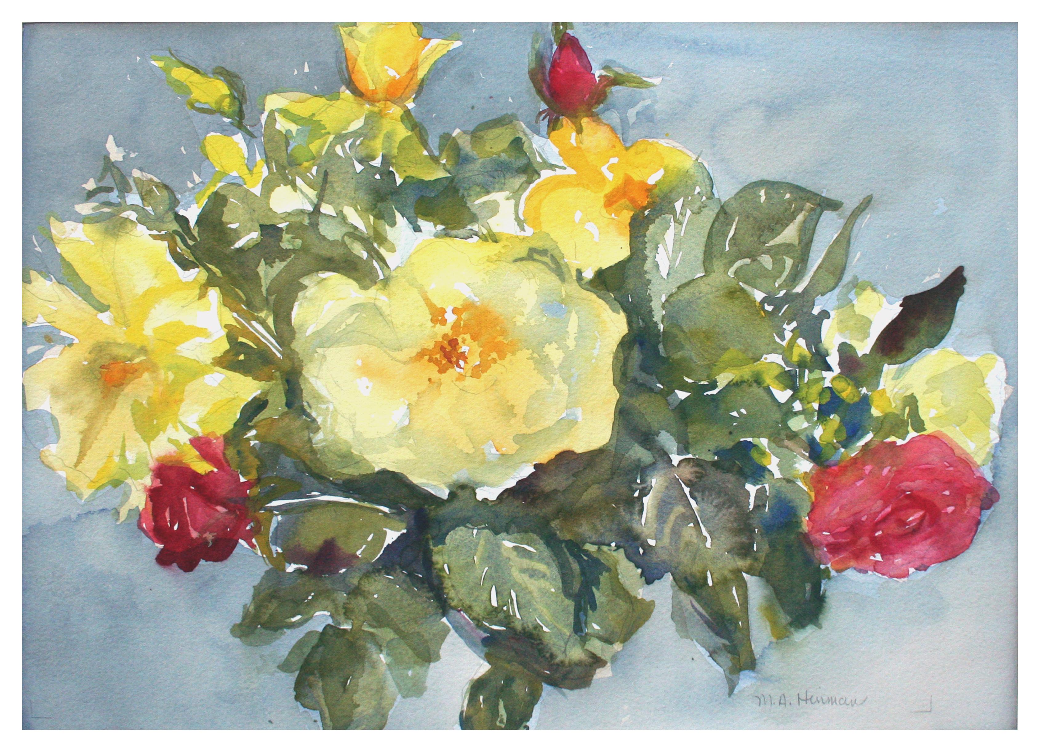 Mary Alice Hinman Still-Life Painting - Vintage Yellow & Red Roses Watercolor Still Life 