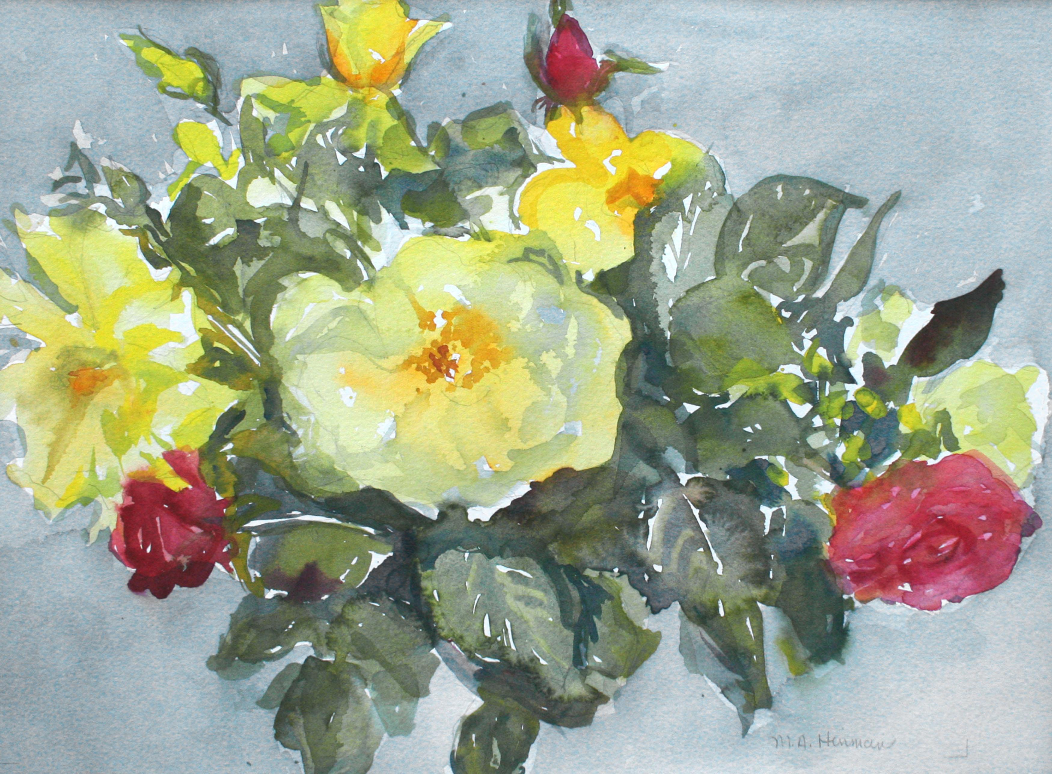 Vintage Yellow & Red Roses Watercolor Still Life  - Painting by Mary Alice Hinman