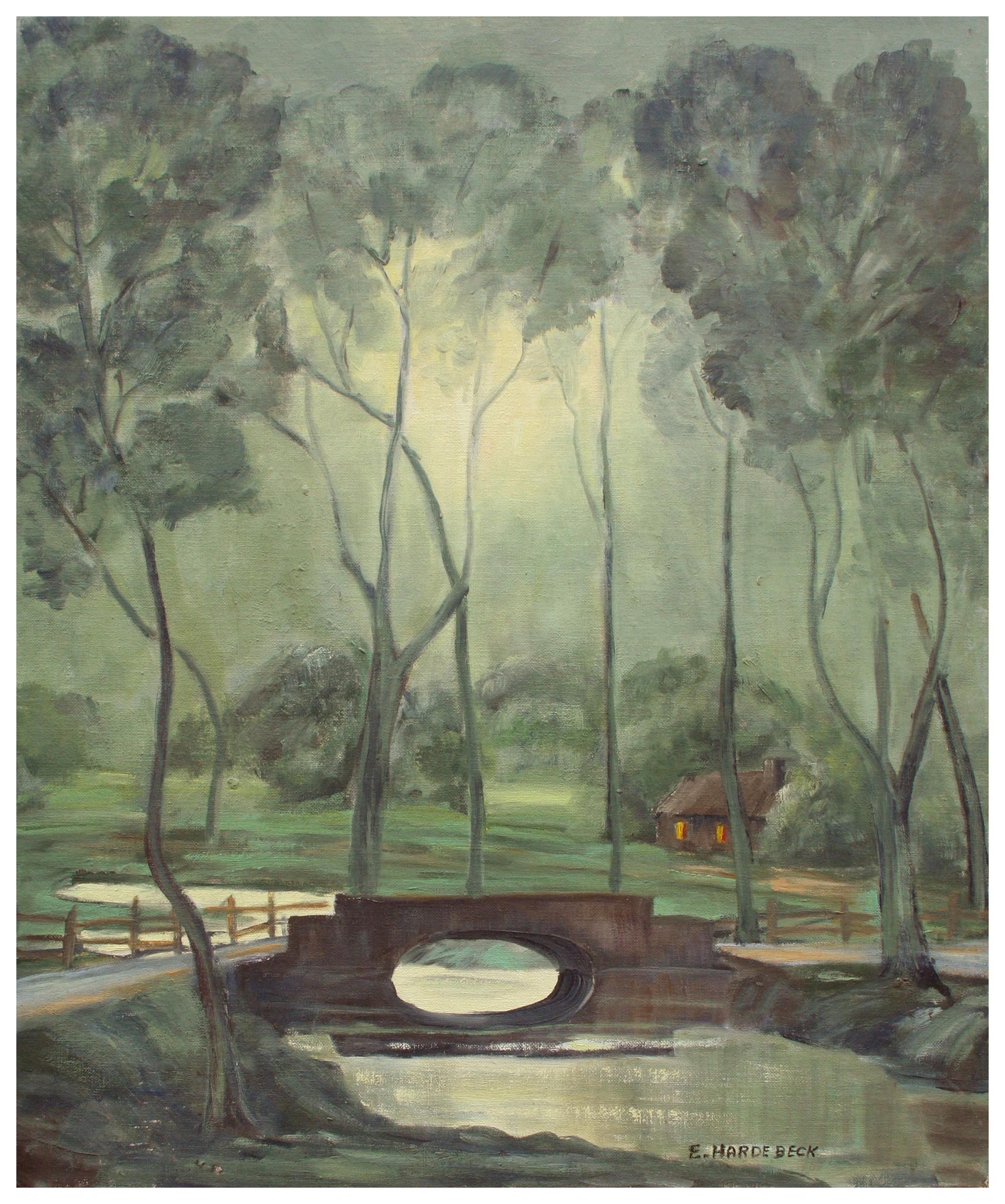 Eloise S. Hardebeck Landscape Painting - Mid Century Moonlight Scene - Nocturnal Forest Landscape