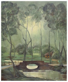 Mid Century Moonlight Scene - Nocturnal Forest Landscape