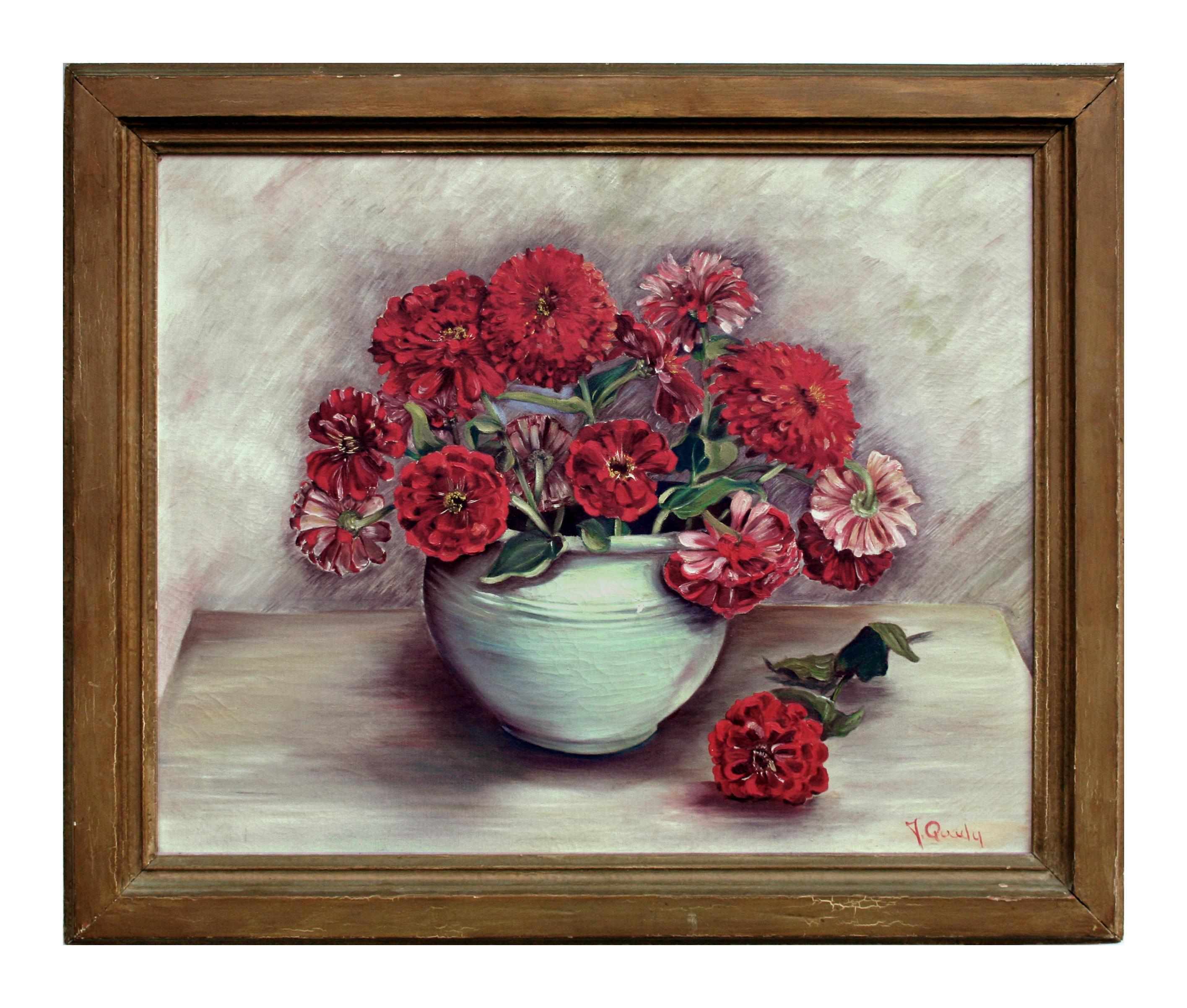 J Quidy Still-Life Painting - Mid Century Red Zinnia Floral Still Life