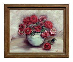 Mid Century Red Zinnia Floral Still Life