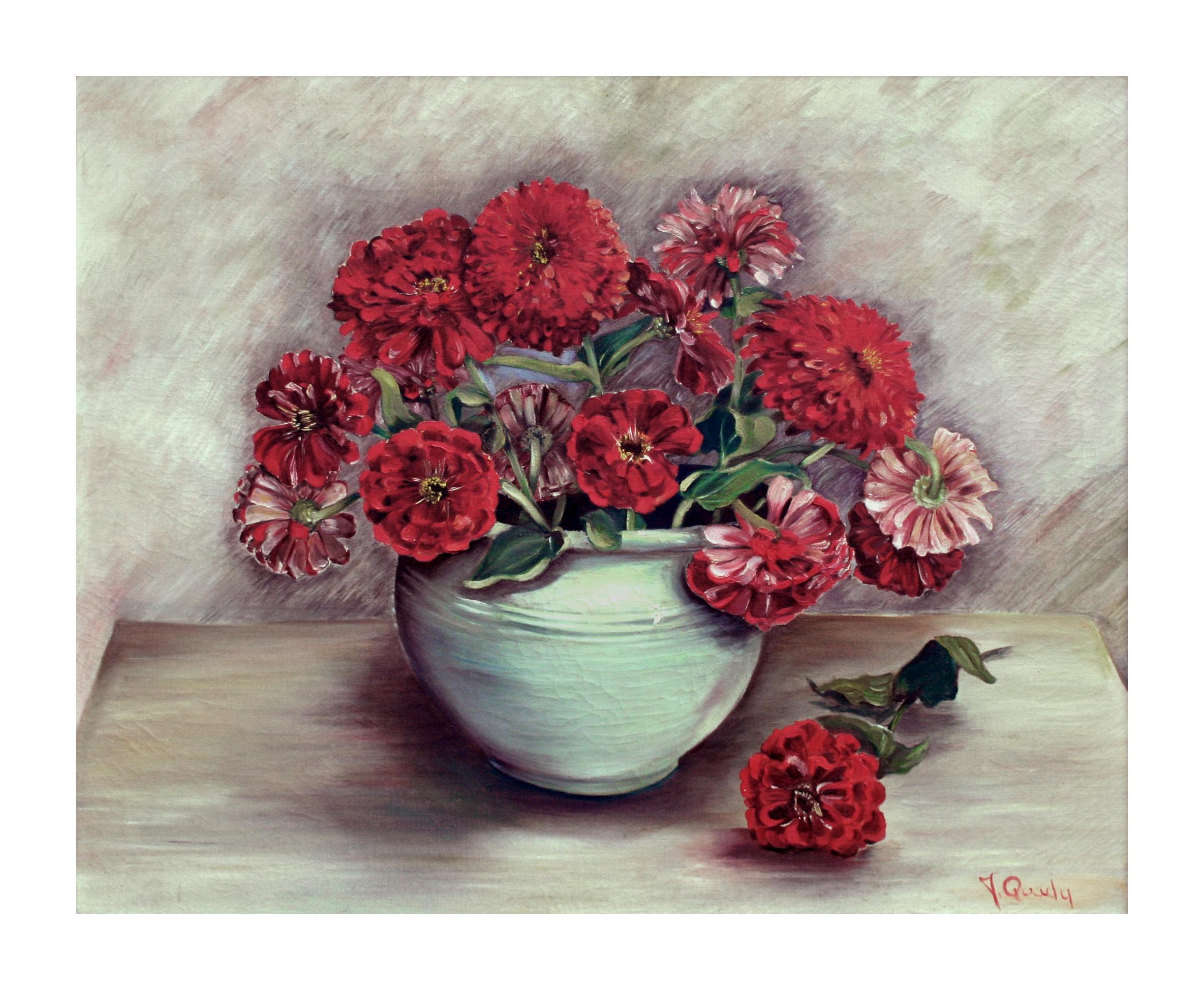 Mid Century Red Zinnia Floral Still Life - Painting by J Quidy