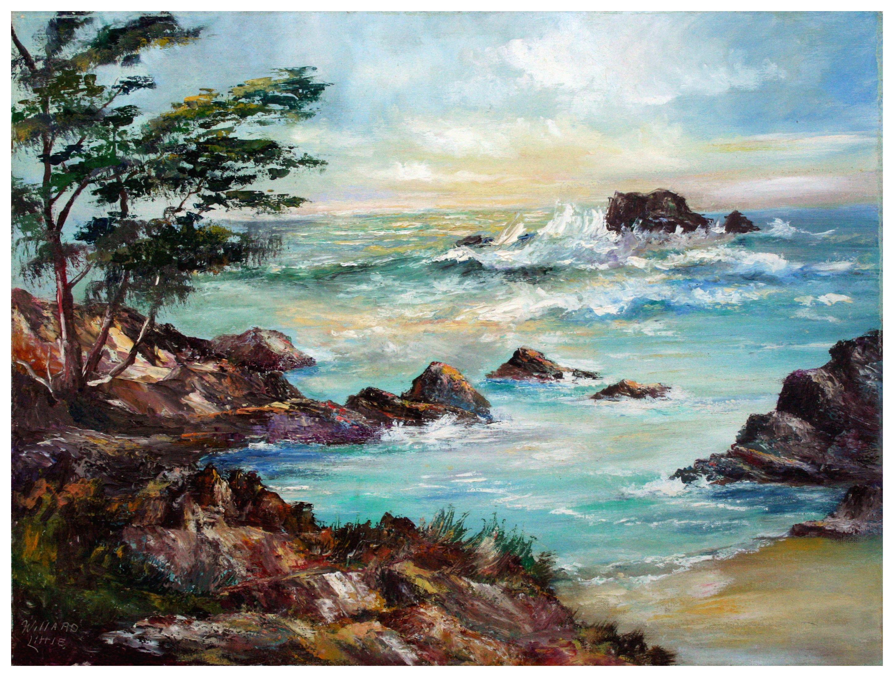 Willard Little Landscape Painting – Mid-Century Big Sur Rocky Seascape
