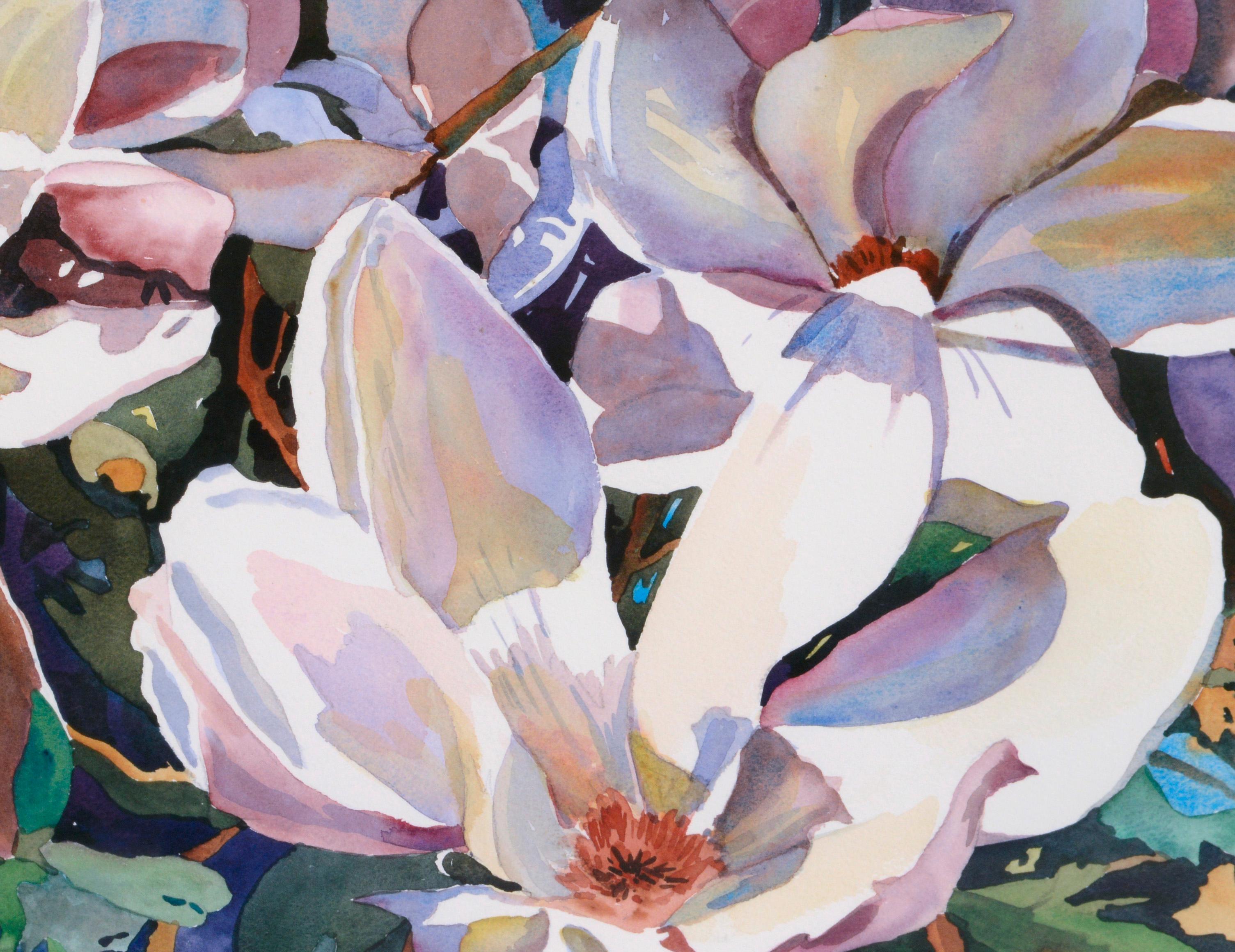 Großformatiger lithografischer Druck „Magnolienblüten“ (Grau), Still-Life Print, von Sally Bookman