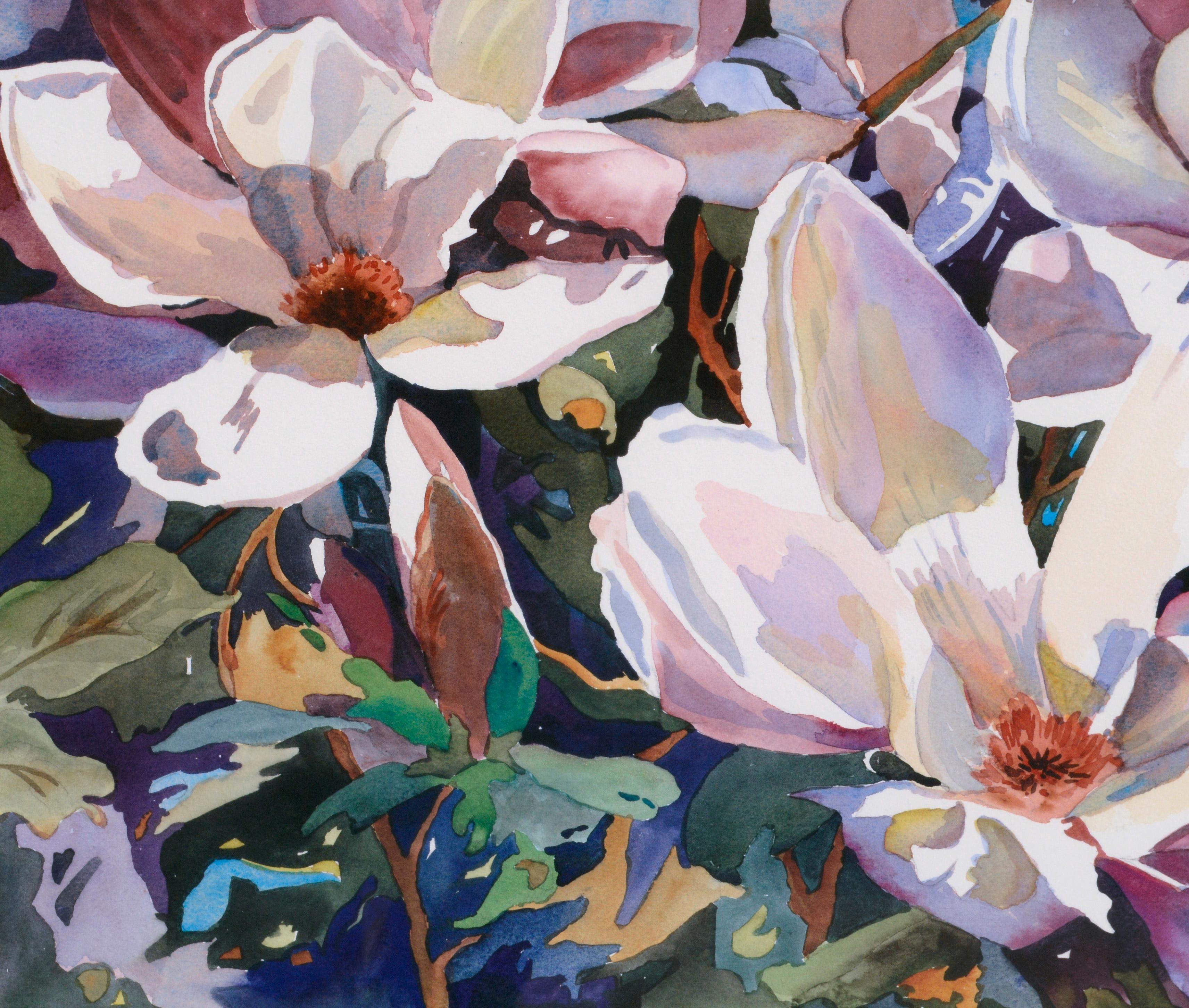 Lithographie aux couleurs vives représentant des fleurs de magnolia par Sally Bookman (britannique, née en 1943). Signé et numéroté par l'artiste dans le coin inférieur gauche (