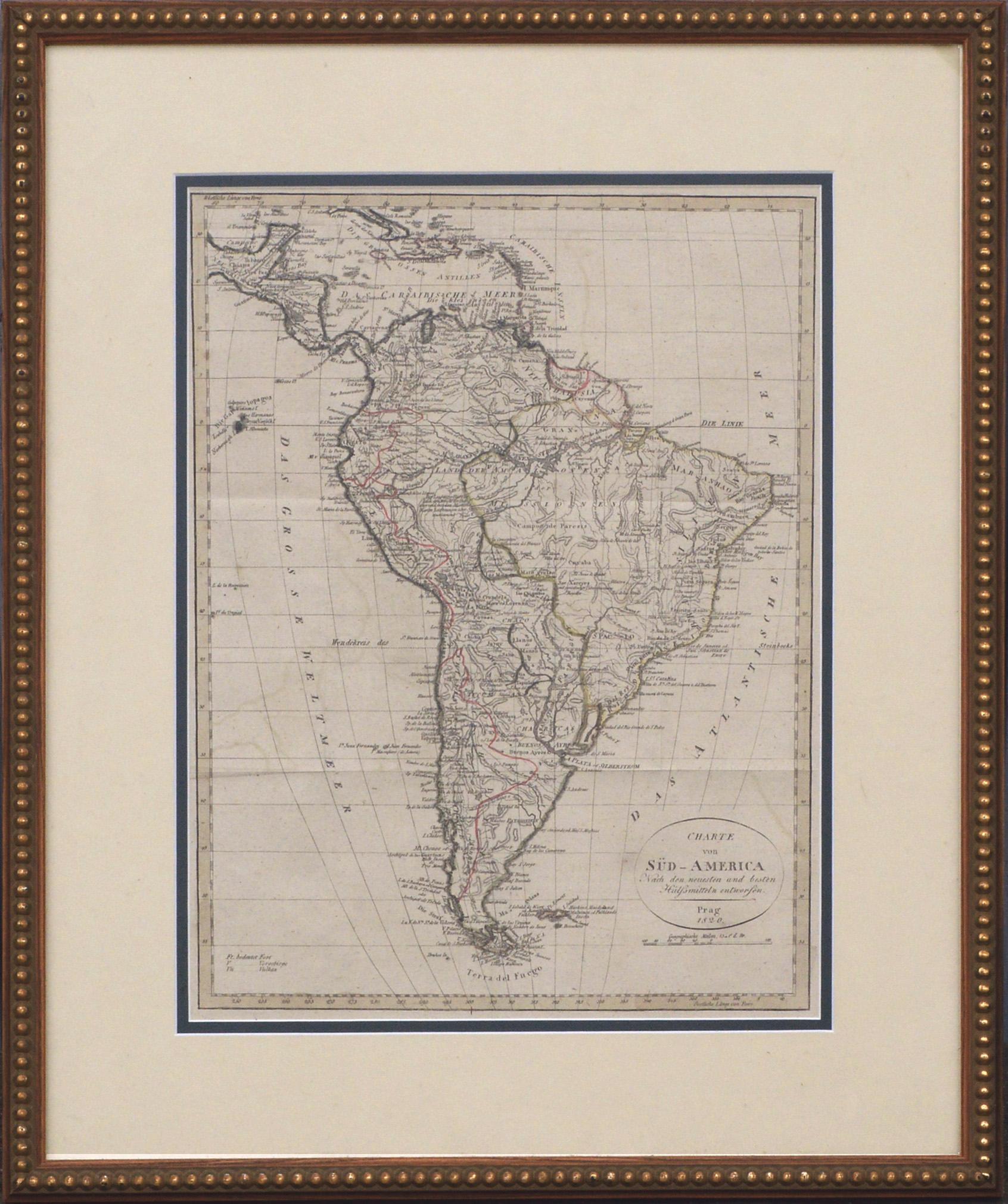 Charte von Sud-America (Carte d'Amérique du Sud) -Gravure à l'eau-forte avec contours dessinés à la main