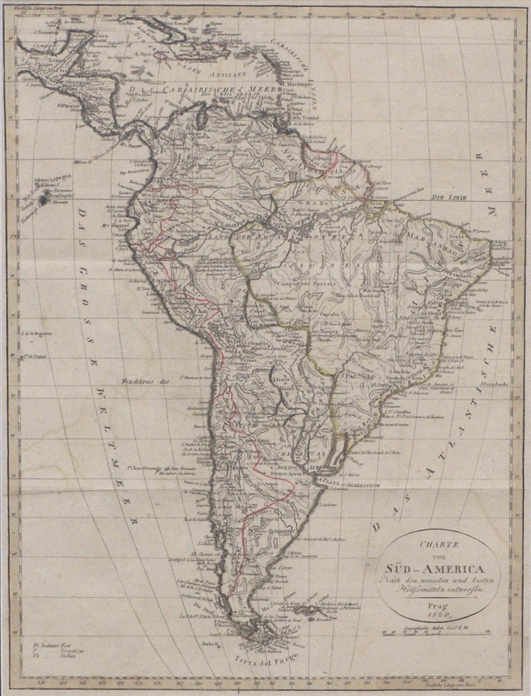 Charte von Sud-America (Map of South America) - Etching with Hand-Drawn Outlines - Print by Franz Pluth