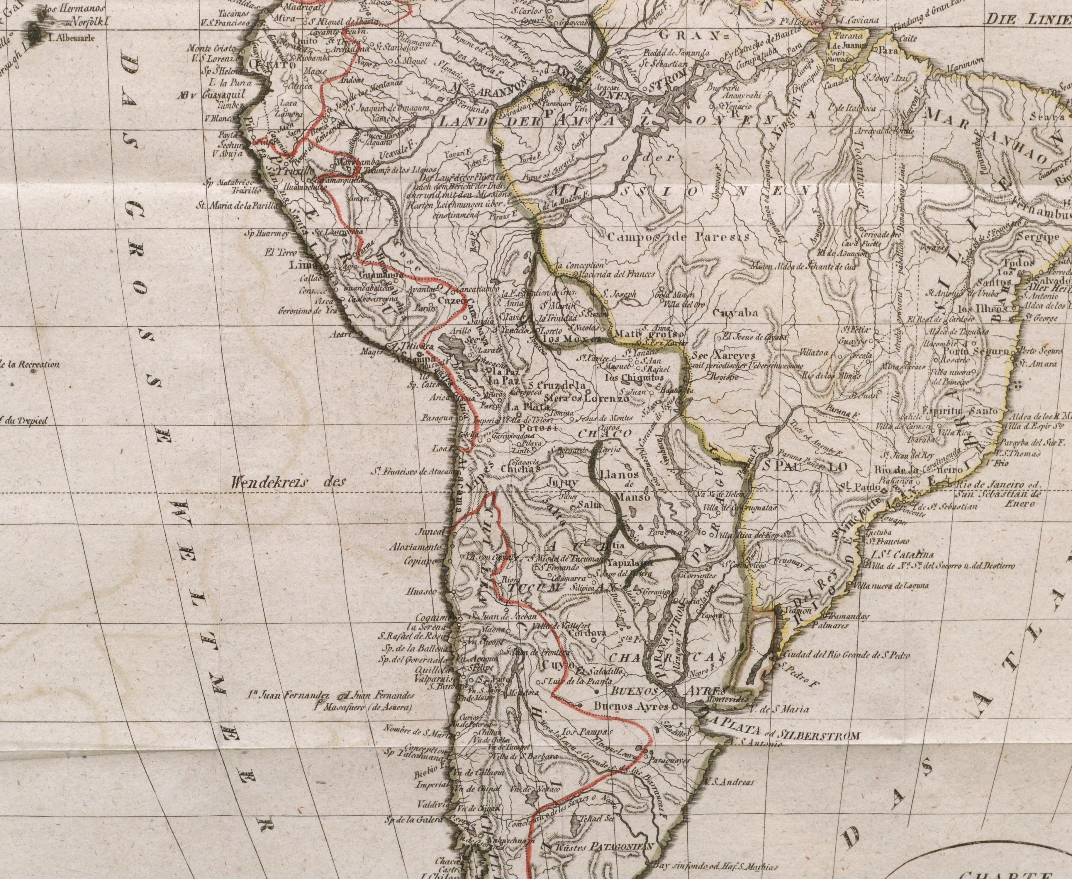 Charte von Sud-America (Karte Südamerikas) – Radierung mit handgezeichneten Umrissen (Beige), Print, von Franz Pluth