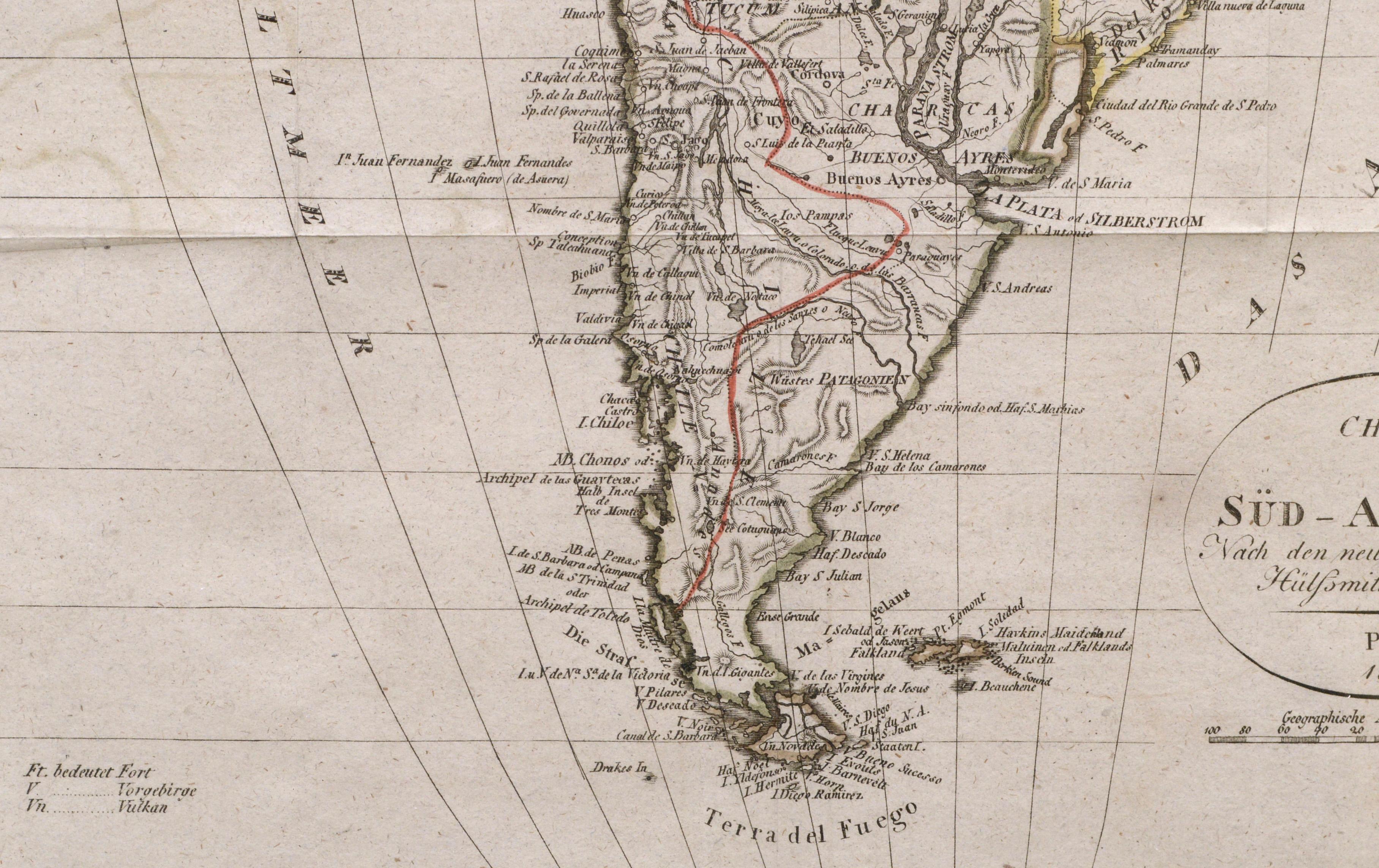 Charte von Sud-America (Map of South America) - Etching with Hand-Drawn Outlines - Other Art Style Print by Franz Pluth