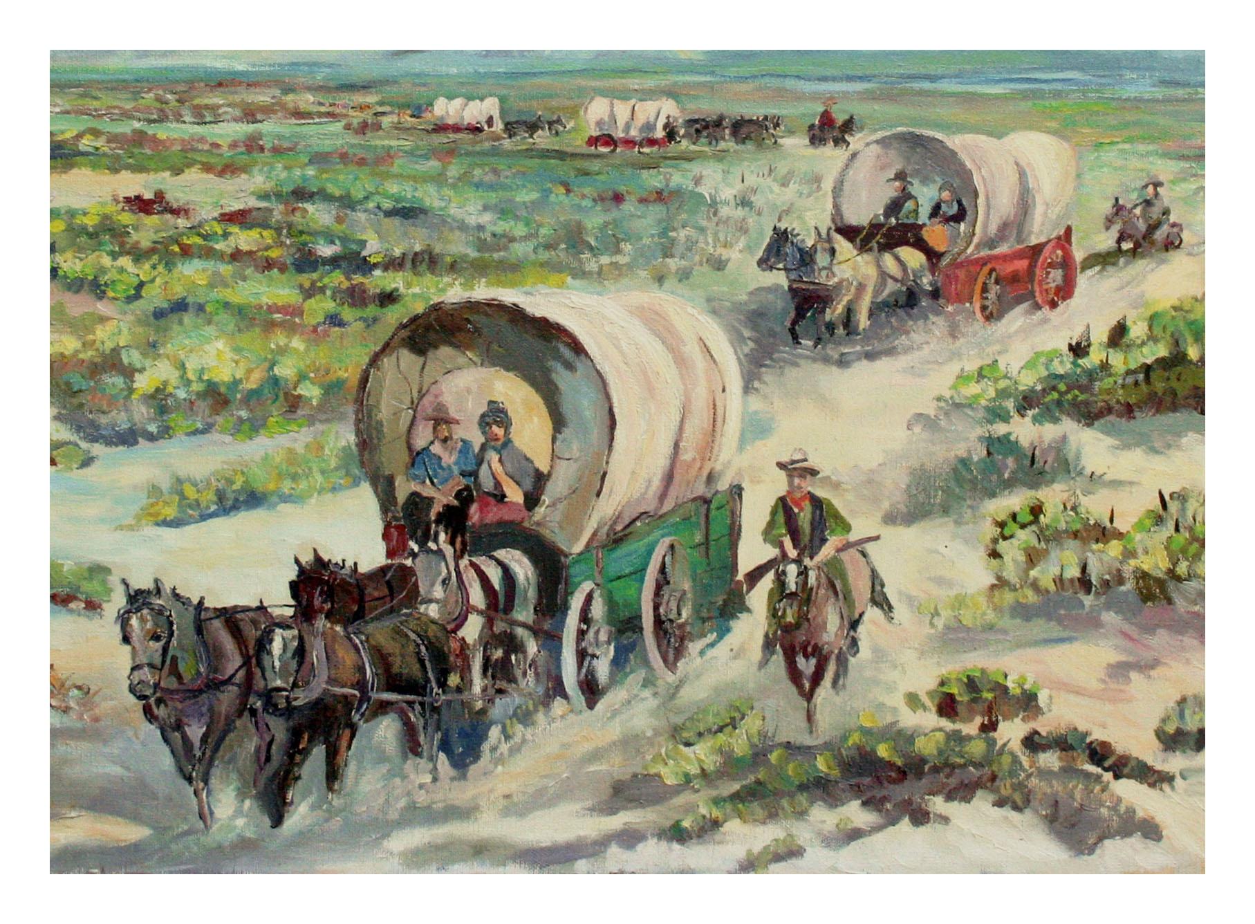 Oregon Trail, Vintage 1970s Western Figural Landscape - Painting by Harry Roerade
