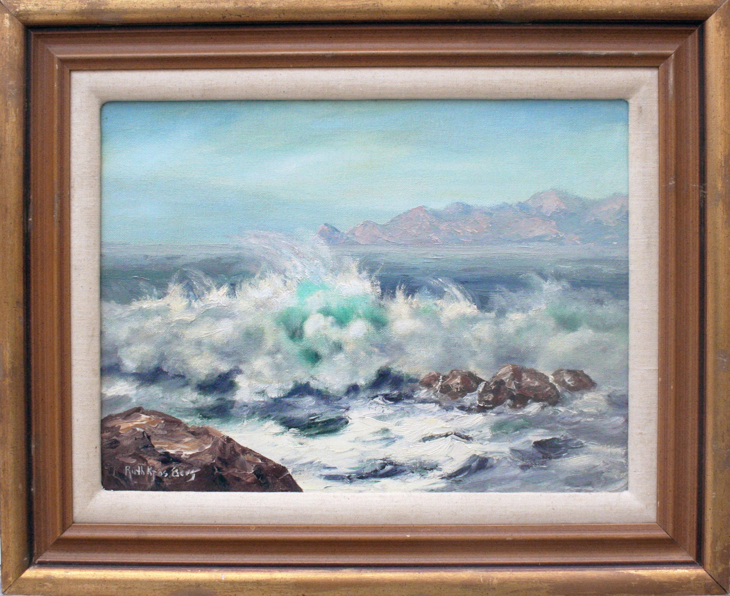 Ruth Kjos Berg Landscape Painting - "The Active Sea", Mid Century Pacific Crashing Waves Seascape