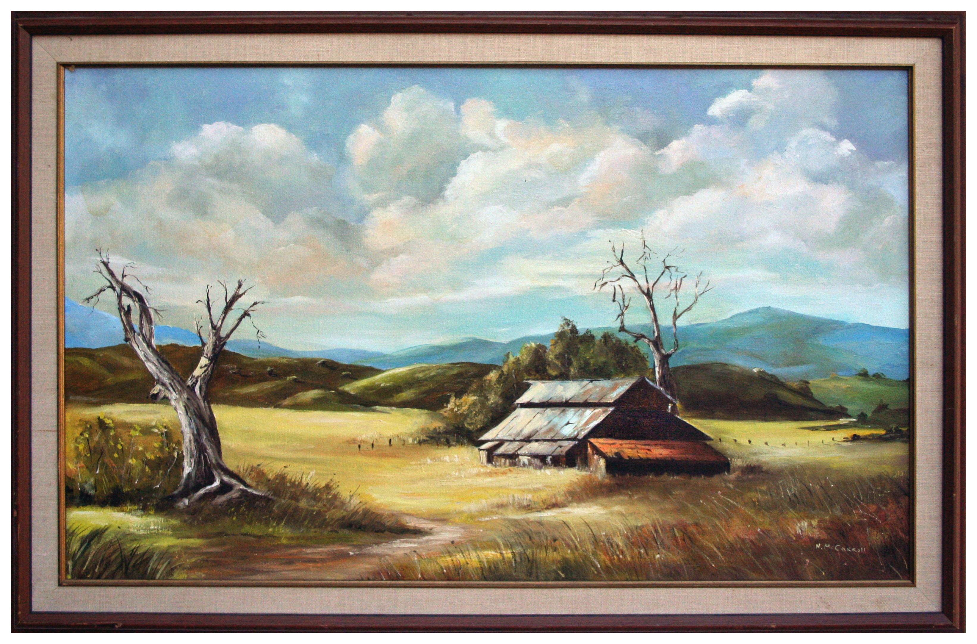 Landscape Painting di N. McCarroll - Paesaggio vintage della California Gold Country con fienile