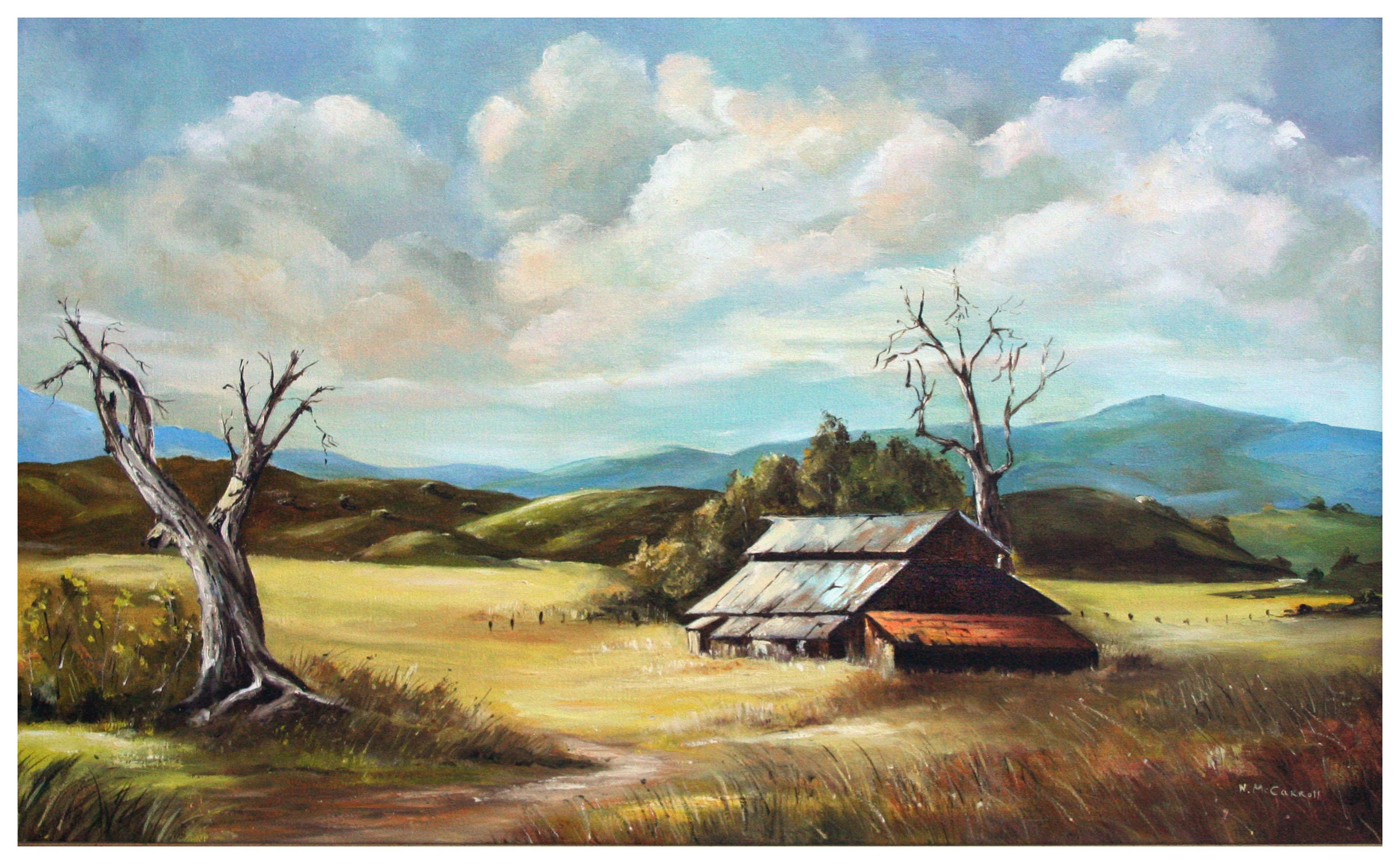 Paesaggio vintage della California Gold Country con fienile - Painting di N. McCarroll