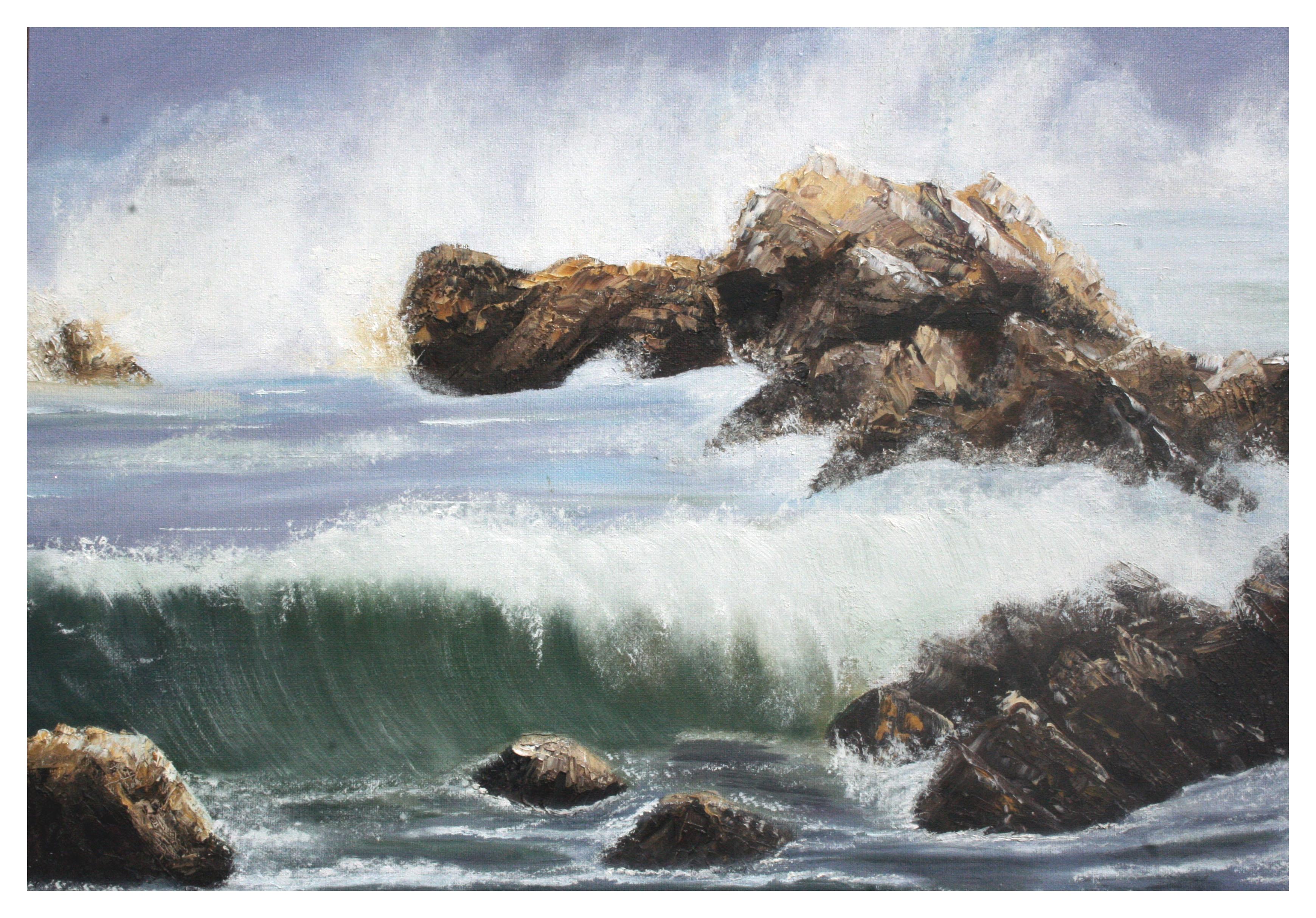 Crashing Barrel Waves, Mid Century Pacific Coast Seascape - Painting by Elsie Grace