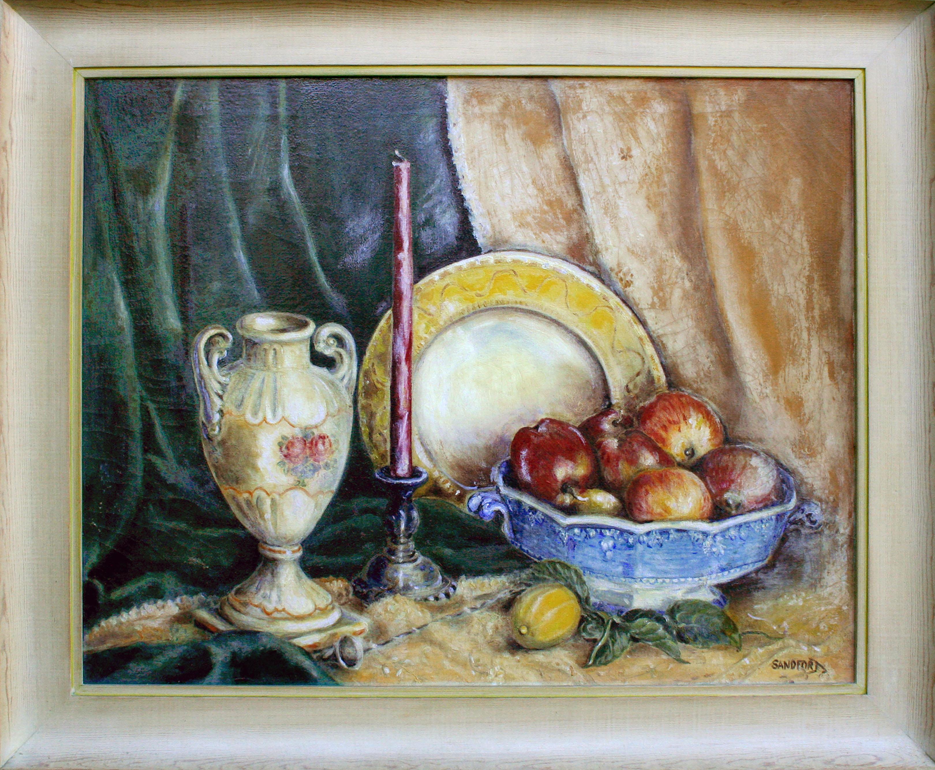 Florence C. Sandfort Still-Life Painting – Stillleben ""Antiquitäten und Äpfel" aus der Mitte des Jahrhunderts