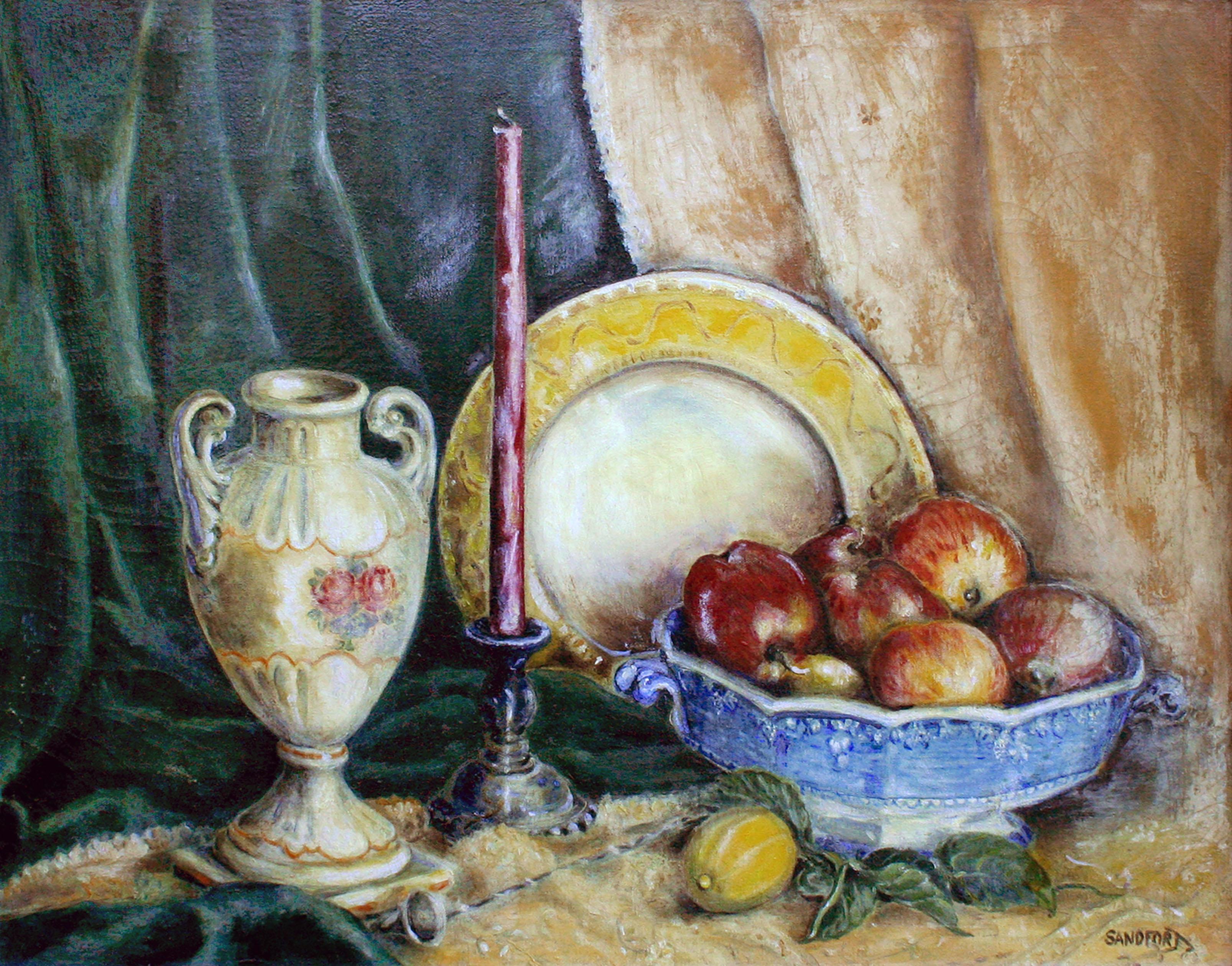 Mid Century Still Life -- Antiques and Apples - Painting by Florence C. Sandfort