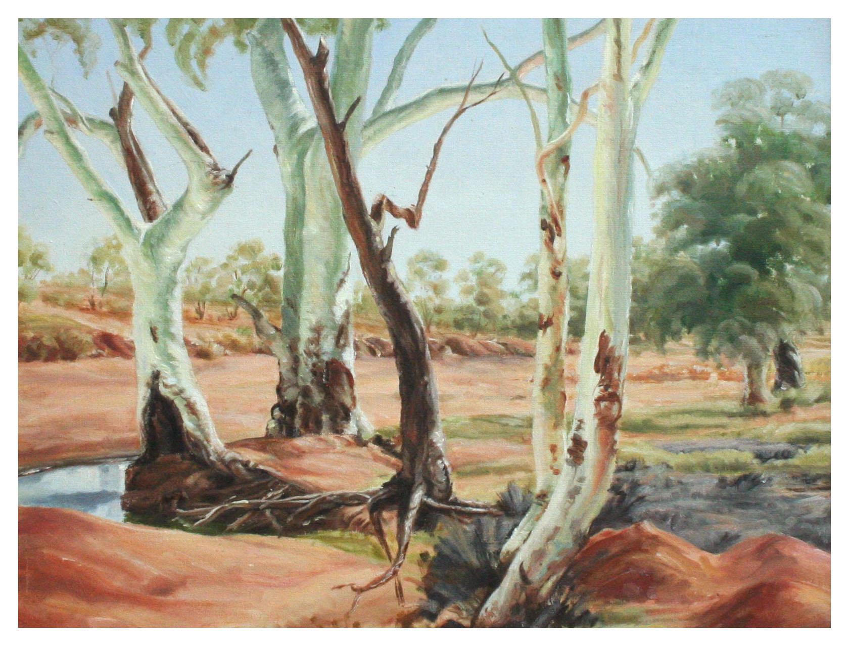 Australian Landscape Queensland, River Gums Mount Isa  - Painting by F. L. De Caen