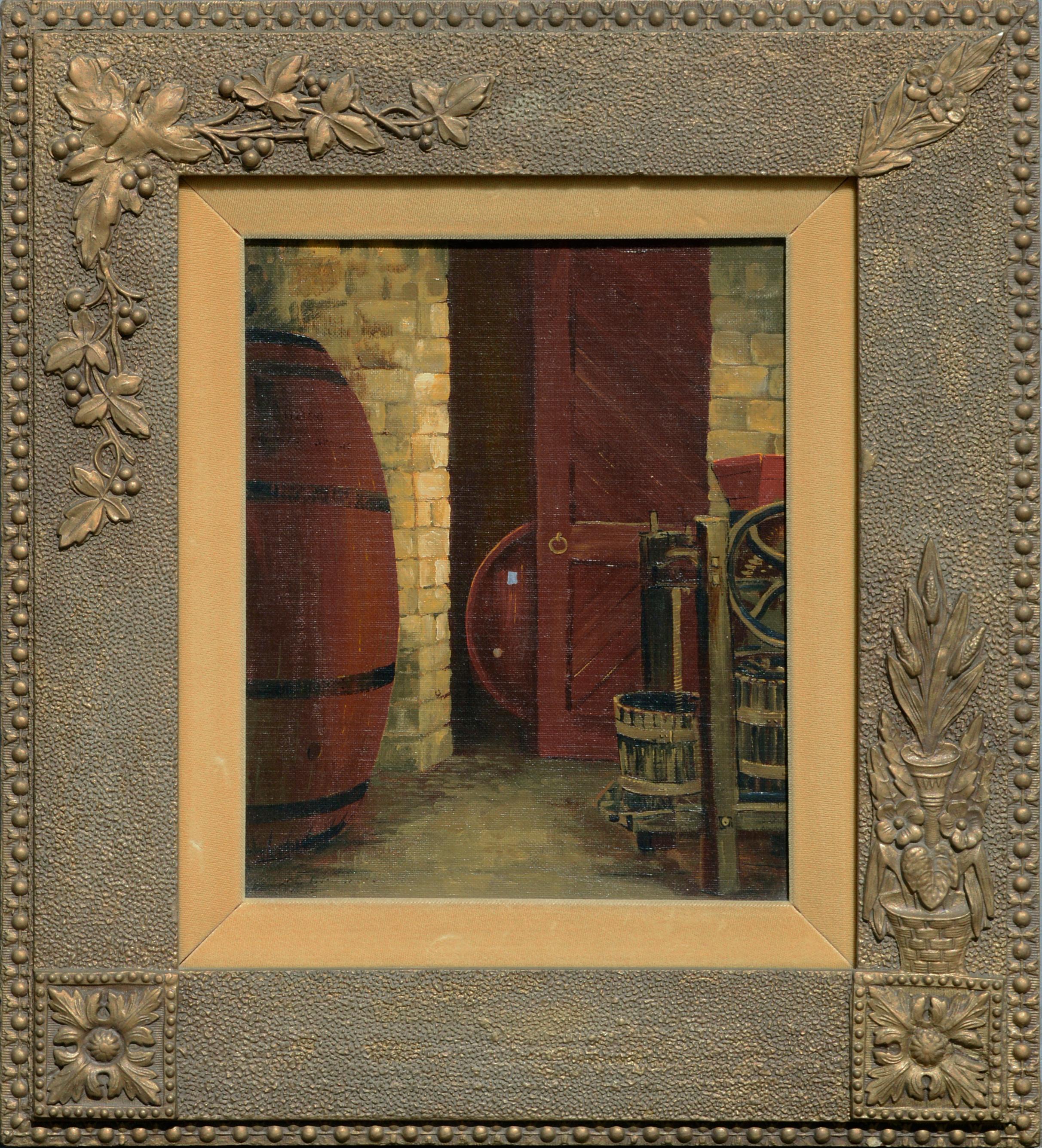 Zoe Thompson Interior Painting - Oak Barrels in the Wine Cellar, Saratoga, California Mid Century Interior Scene 