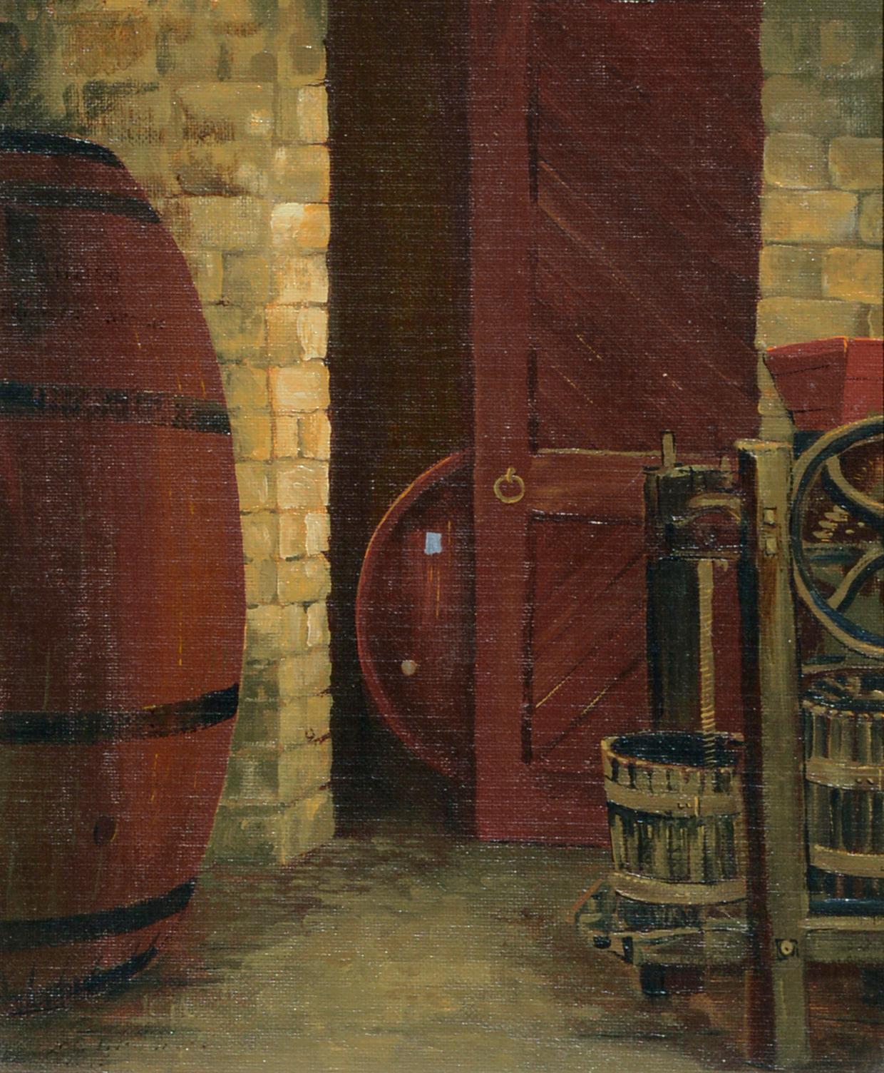 Oak Barrels in the Wine Cellar, Saratoga, California Mid Century Interior Scene - Painting by Zoe Thompson