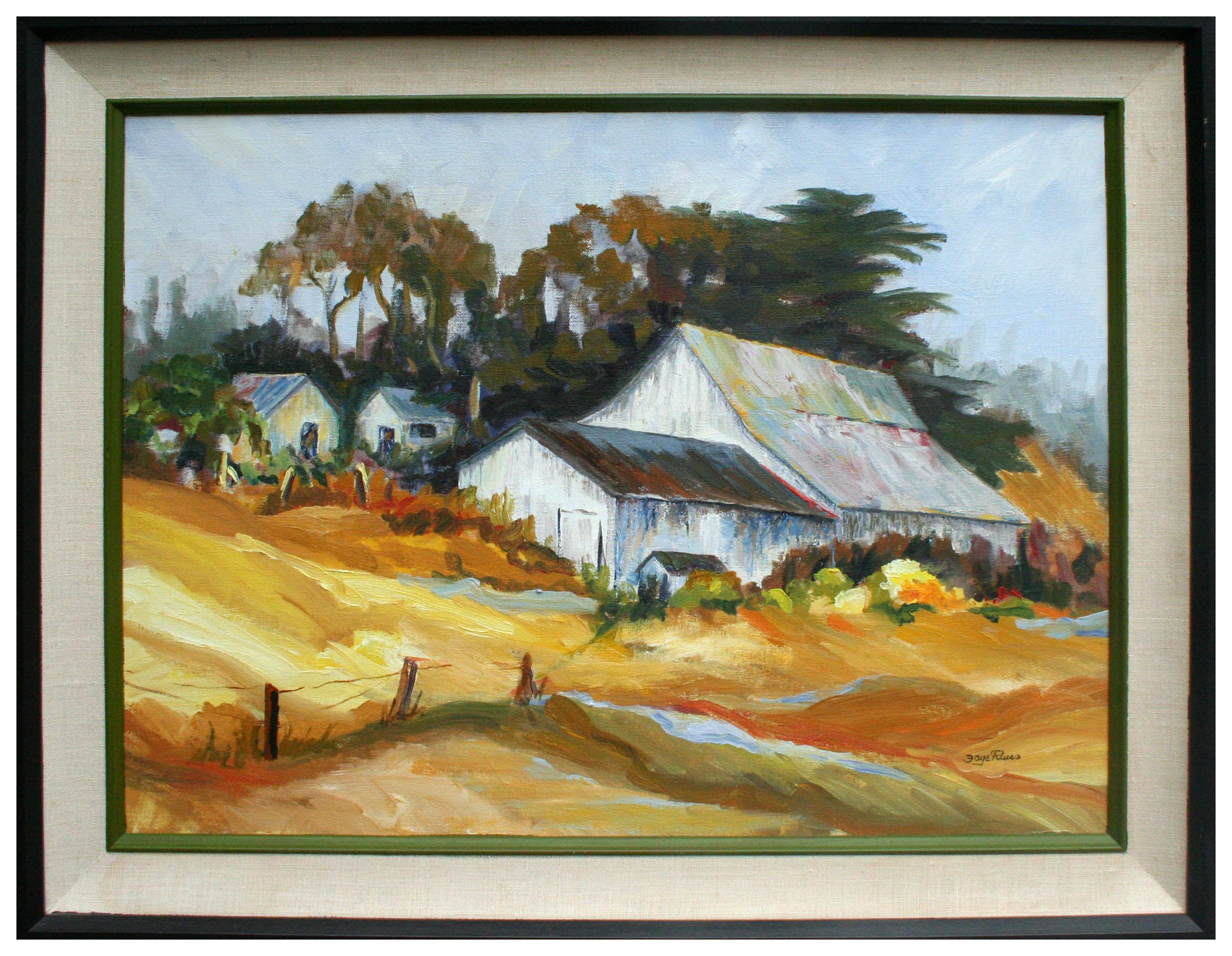 Landscape Painting Faye Russo - Hillside Barn, paysage de ferme californien vintage des années 1970 