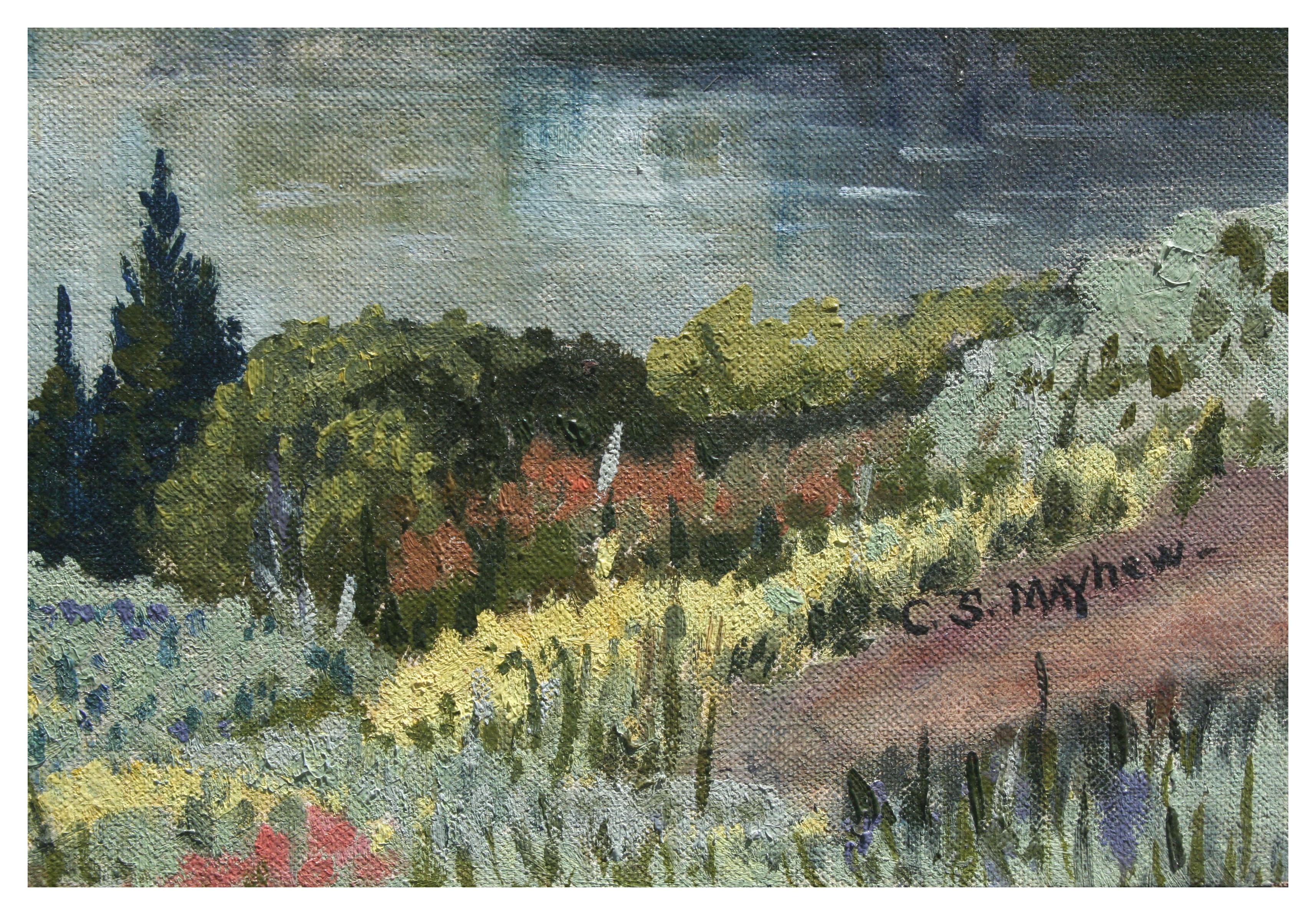 Paysage de montagne de Californie du milieu du siècle dernier, d'après Carl Sammons - Gris Landscape Painting par Clare Shipton Mayhew