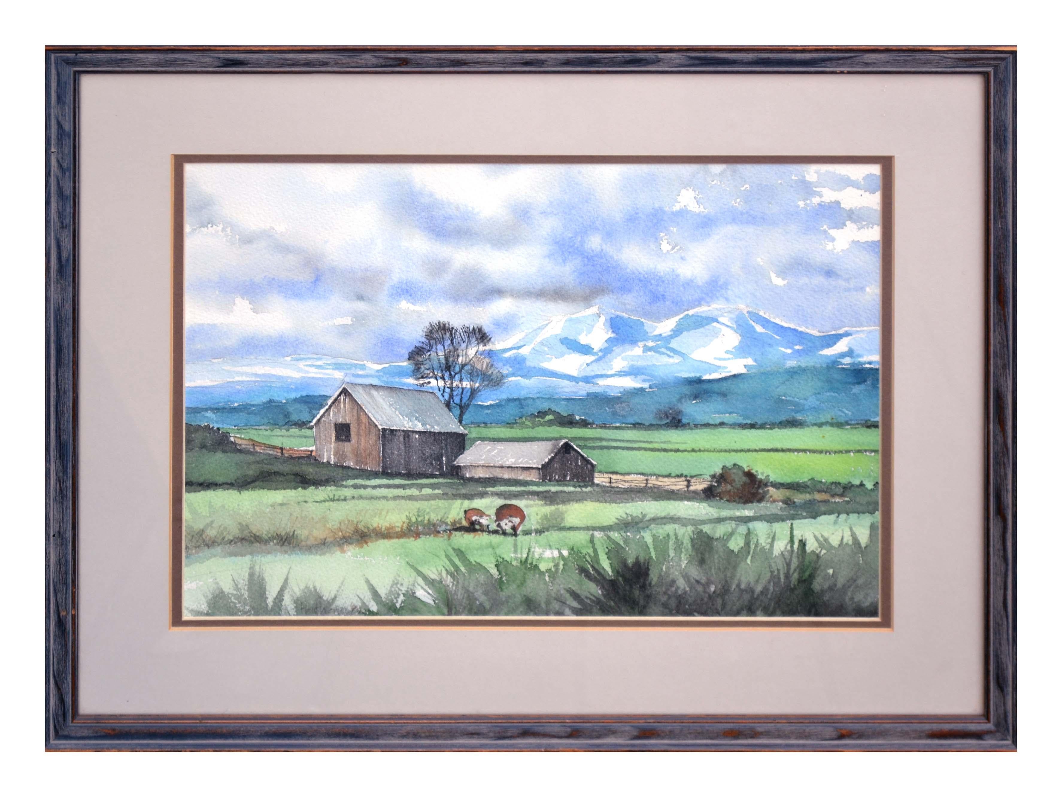Mark Henthorn Figurative Art - Mount Washington Farmhouse, Watercolor Landscape with Barn