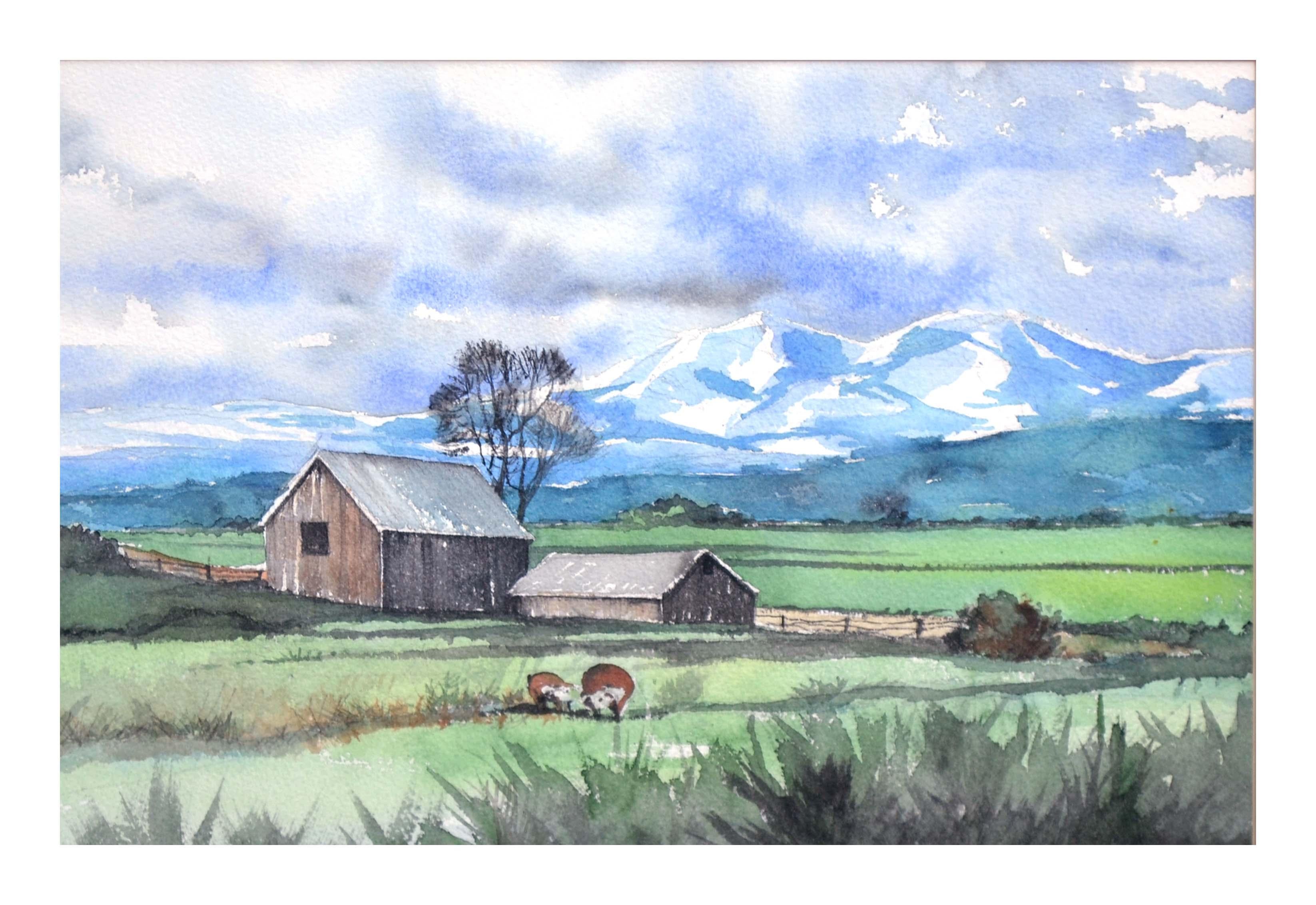 Mount Washington Bauernhaus, Aquarell-Landschaft mit Scheune – Art von Mark Henthorn