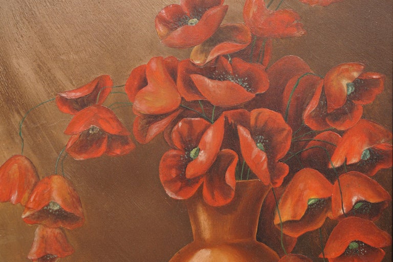 Early 20th Century Red Poppies Still Life - Brown Still-Life Painting by R. Clement