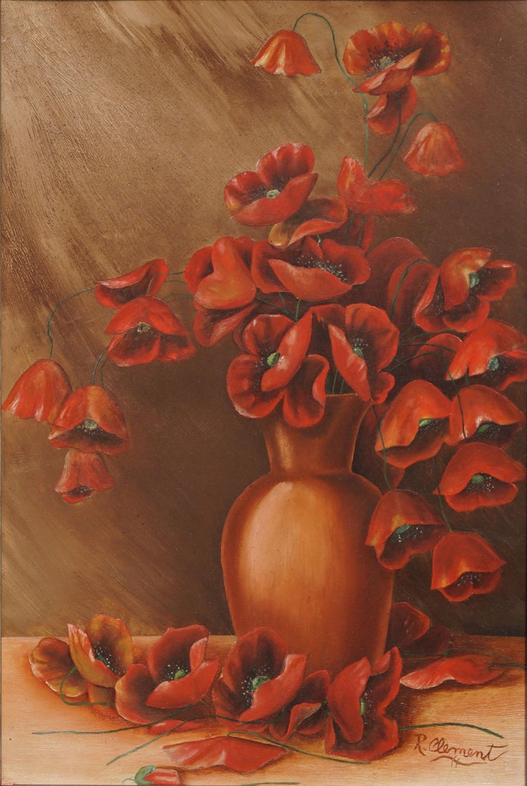 Early 20th Century Red Poppies Still Life - Painting by R. Clement