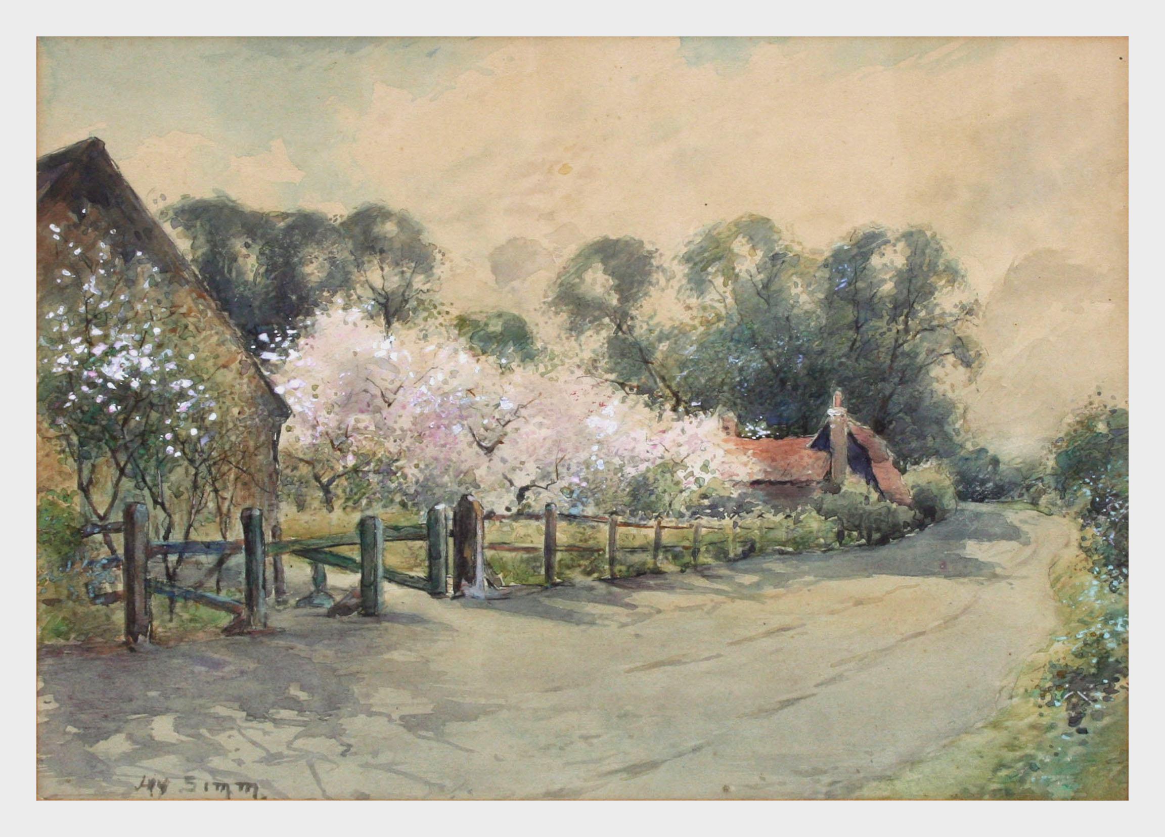Orchard in Bloom, Frühlingsblumen-Landschaft Aquarell von Jay Simm, Mitte des Jahrhunderts im Angebot 2
