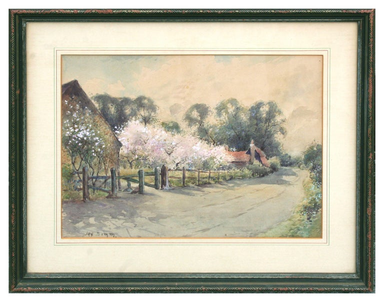 Lovely pastoral landscape of beautiful spring blossoms lining a quiet country lane by Jay Simm (American, 20th Century), c. 1960s. The delicate light pink flowers of the orchard in bloom enliven this spring-time watercolor landscape. 

Signed "Jay