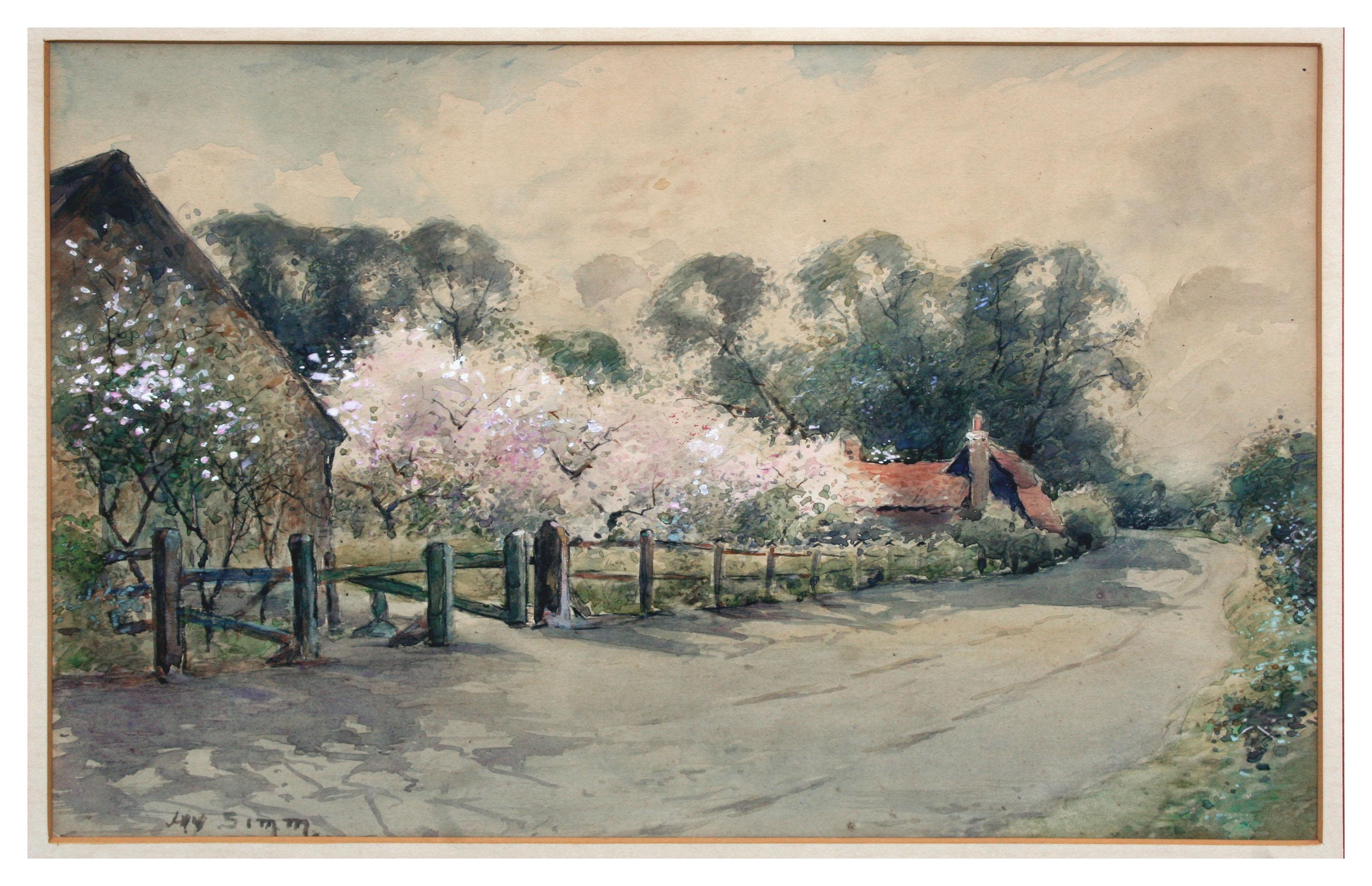 Orchard in Bloom, Frühlingsblumen-Landschaft Aquarell von Jay Simm, Mitte des Jahrhunderts im Angebot 1