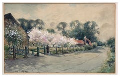 Orchard in Bloom, Mid Century Spring Blossoms Landscape Watercolor by Jay Simm
