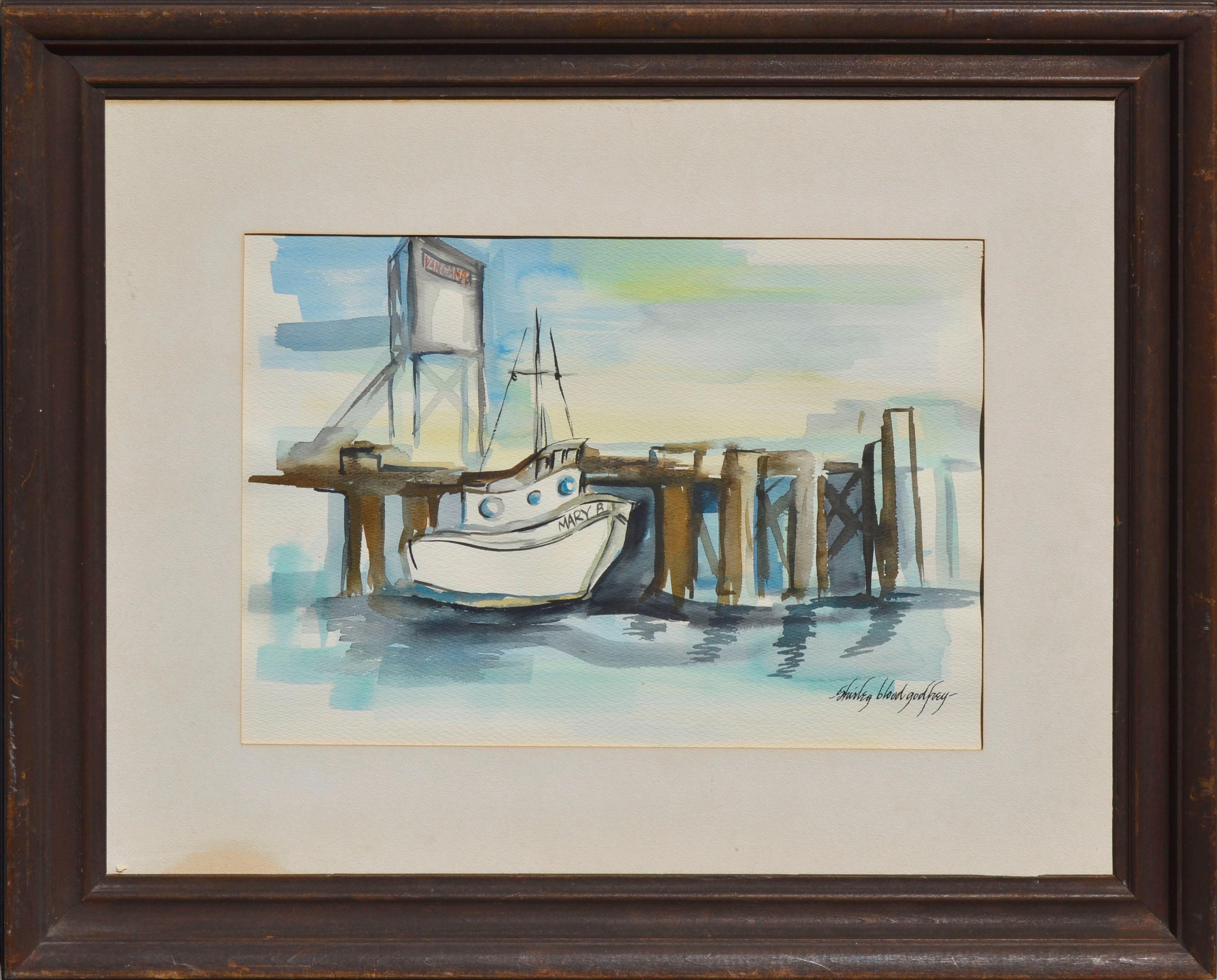 Shirley Blood Godfrey Landscape Art - Fishing Boat in Harbor, Nautical Vintage Landscape Watercolor 