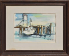 Fishing Boat in Harbor, Nautical Vintage Landscape Watercolor 