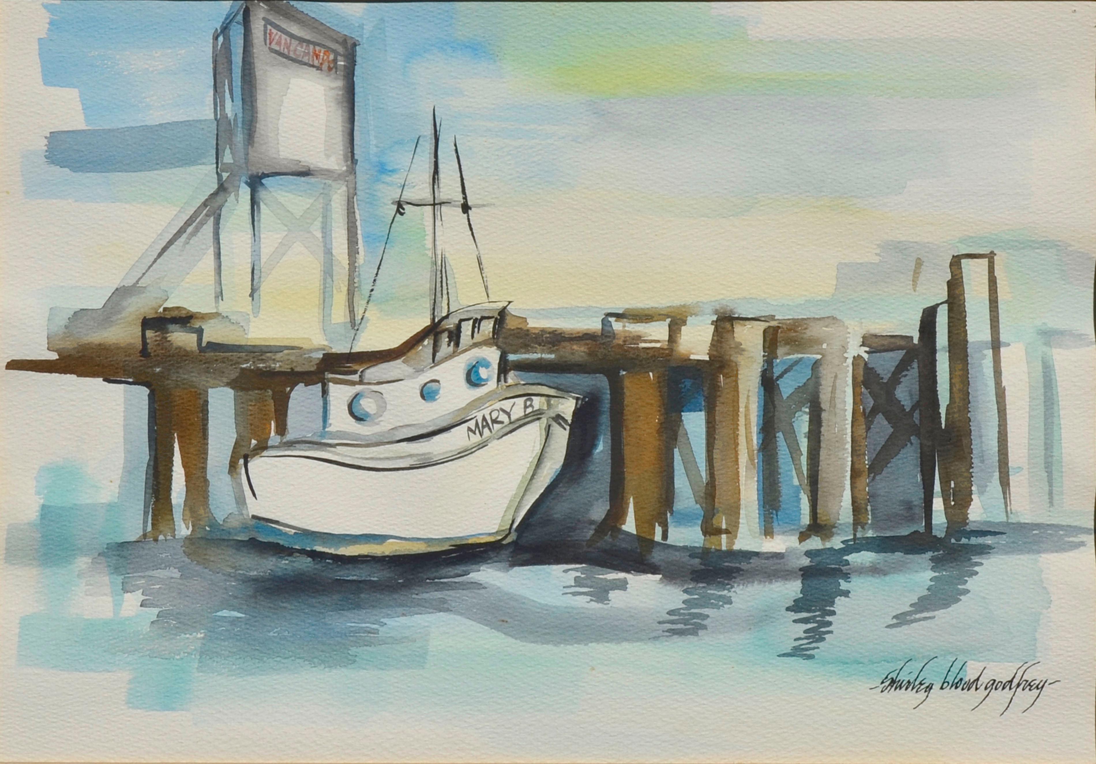 Fishing Boat in Harbor, Nautical Vintage Landscape Watercolor  - Art by Shirley Blood Godfrey